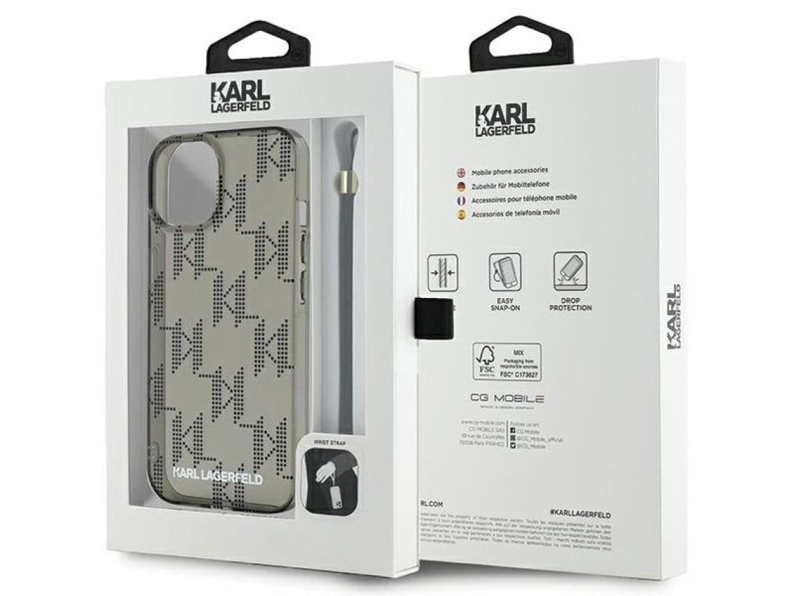 Funda Karl Lagerfeld IML Mono KL Pattern & Cord para iPhone 15 / 14 / 13 - negra