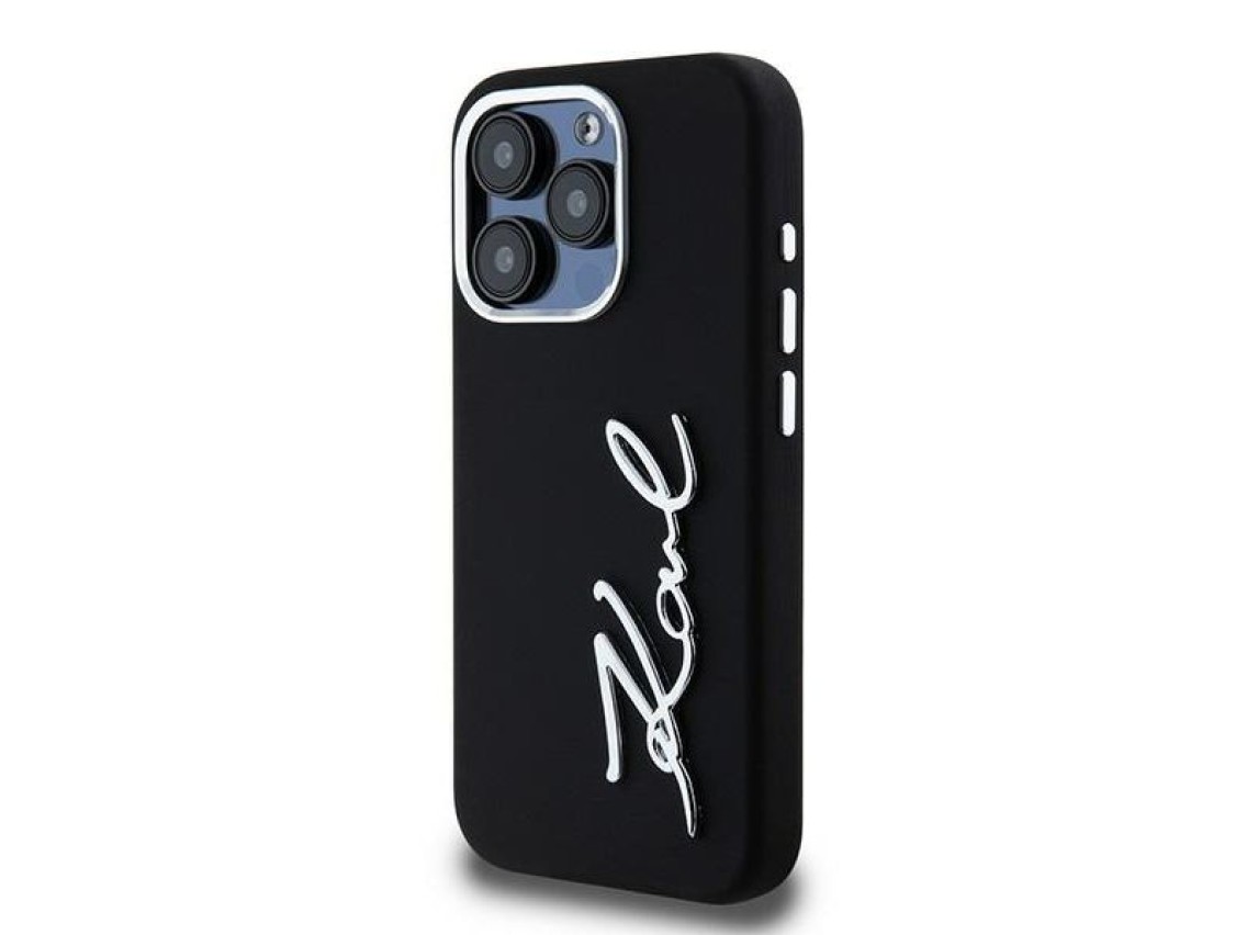 Capa de silicone com logo metálico Karl Lagerfeld para iPhone 15 Pro - preta