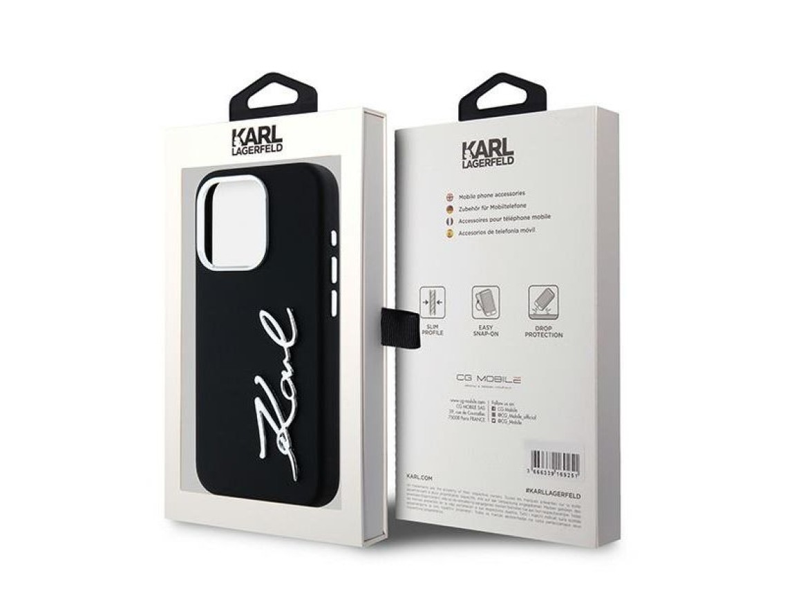Capa de silicone com logo metálico Karl Lagerfeld para iPhone 15 Pro - preta