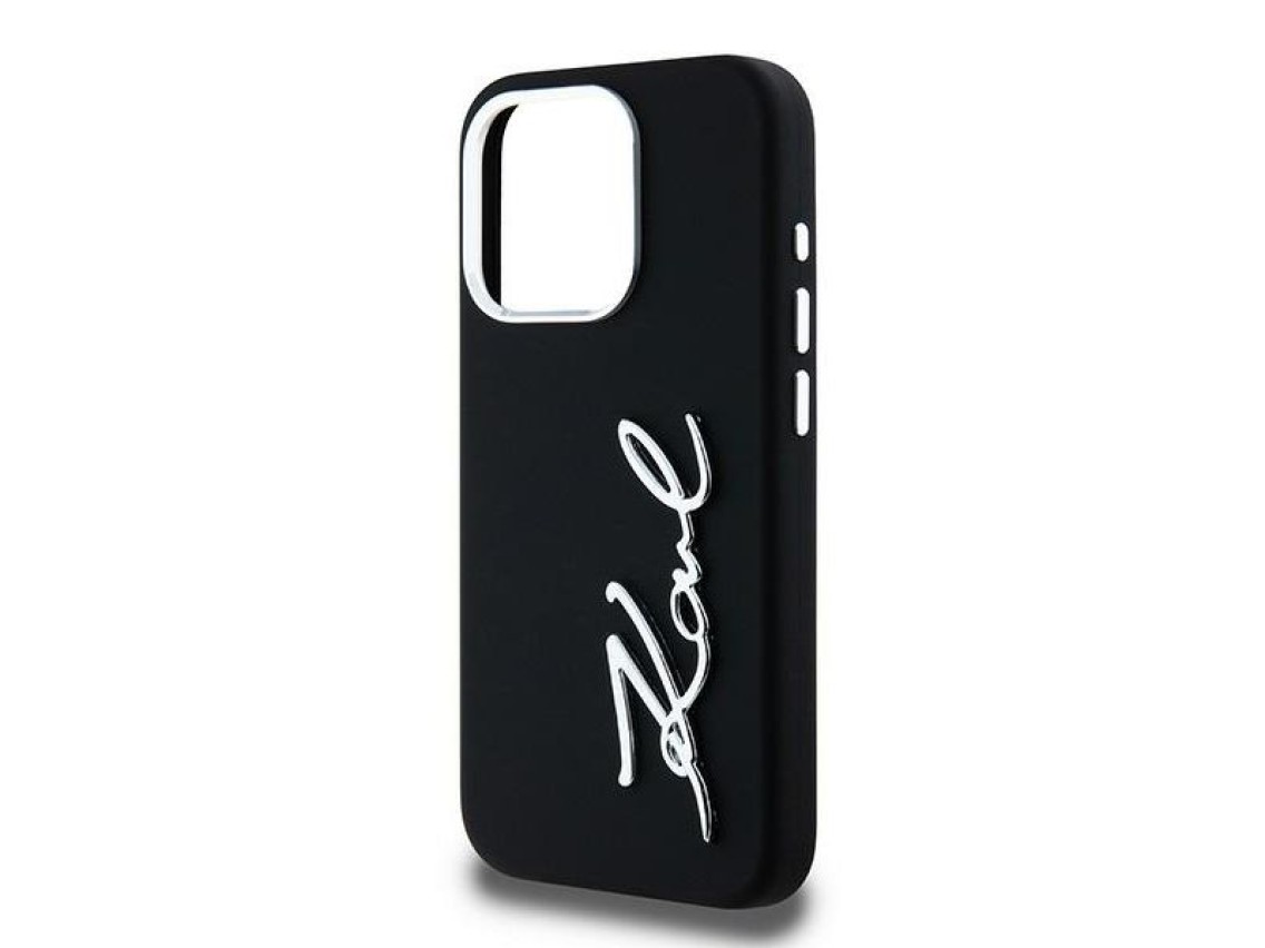 Capa de silicone com logo metálico Karl Lagerfeld para iPhone 15 Pro - preta