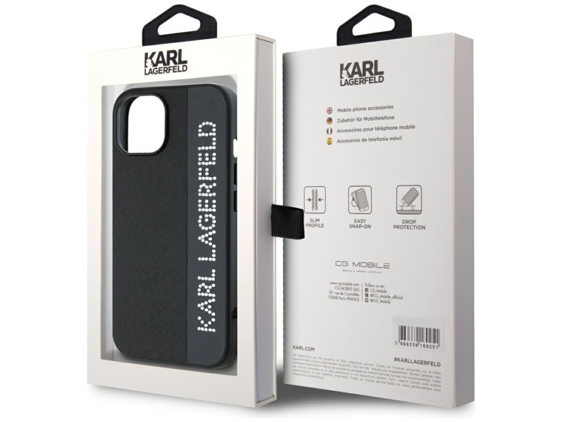 Karl Lagerfeld Saffiano Rhinestones & Charm case for iPhone 15 / 14 / 13 - black