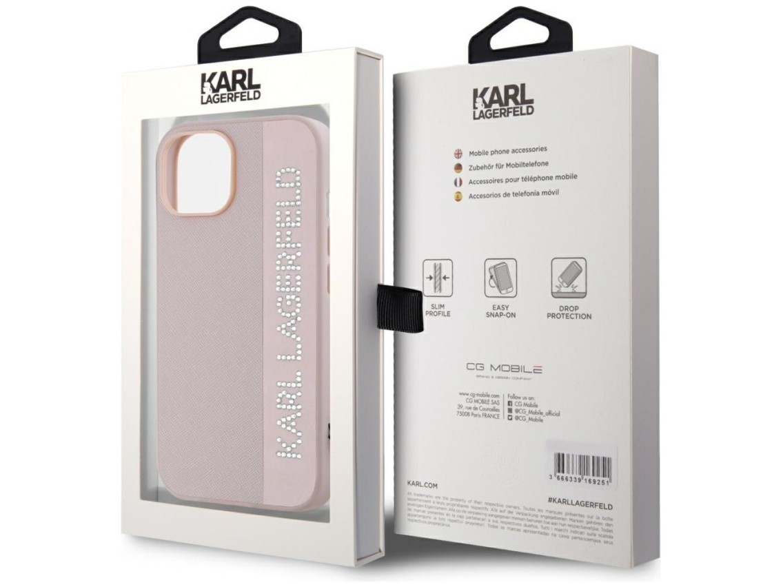 Karl Lagerfeld Saffiano Rhinestones & Charm case for iPhone 15 / 14 / 13 - pink