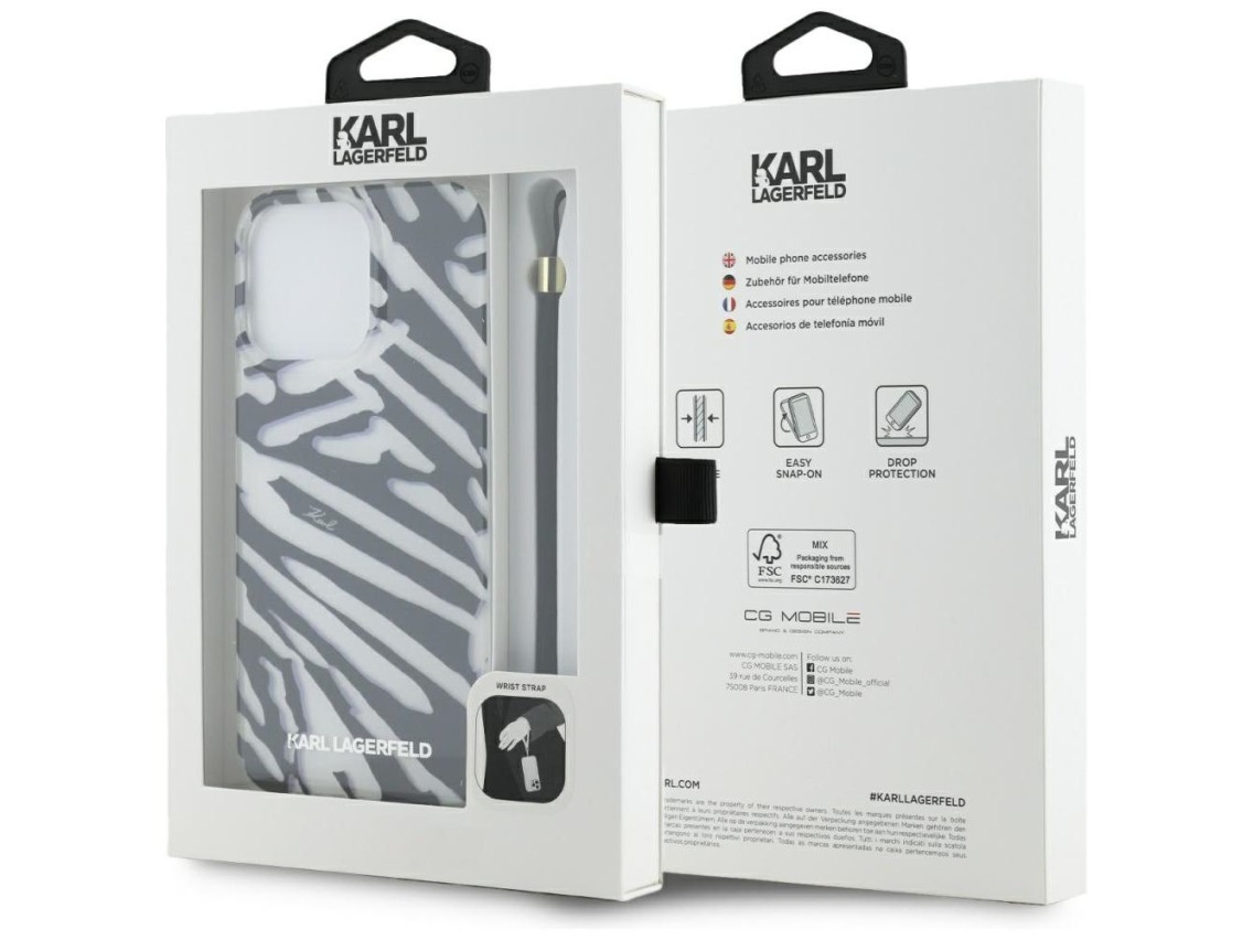 Capa Karl Lagerfeld IML com estampa de zebra e cord�o para iPhone 15 Pro Max - preta