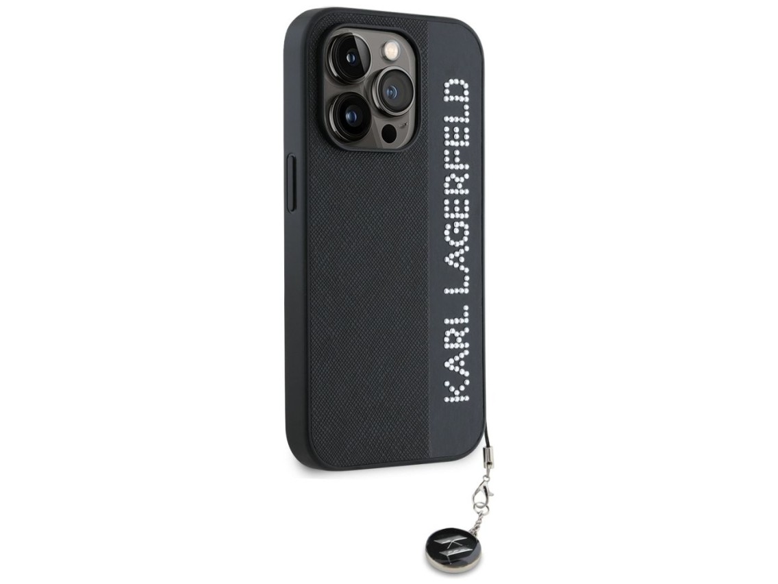 Funda Karl Lagerfeld Saffiano Rhinestones & Charm para iPhone 15 Pro Max - negra