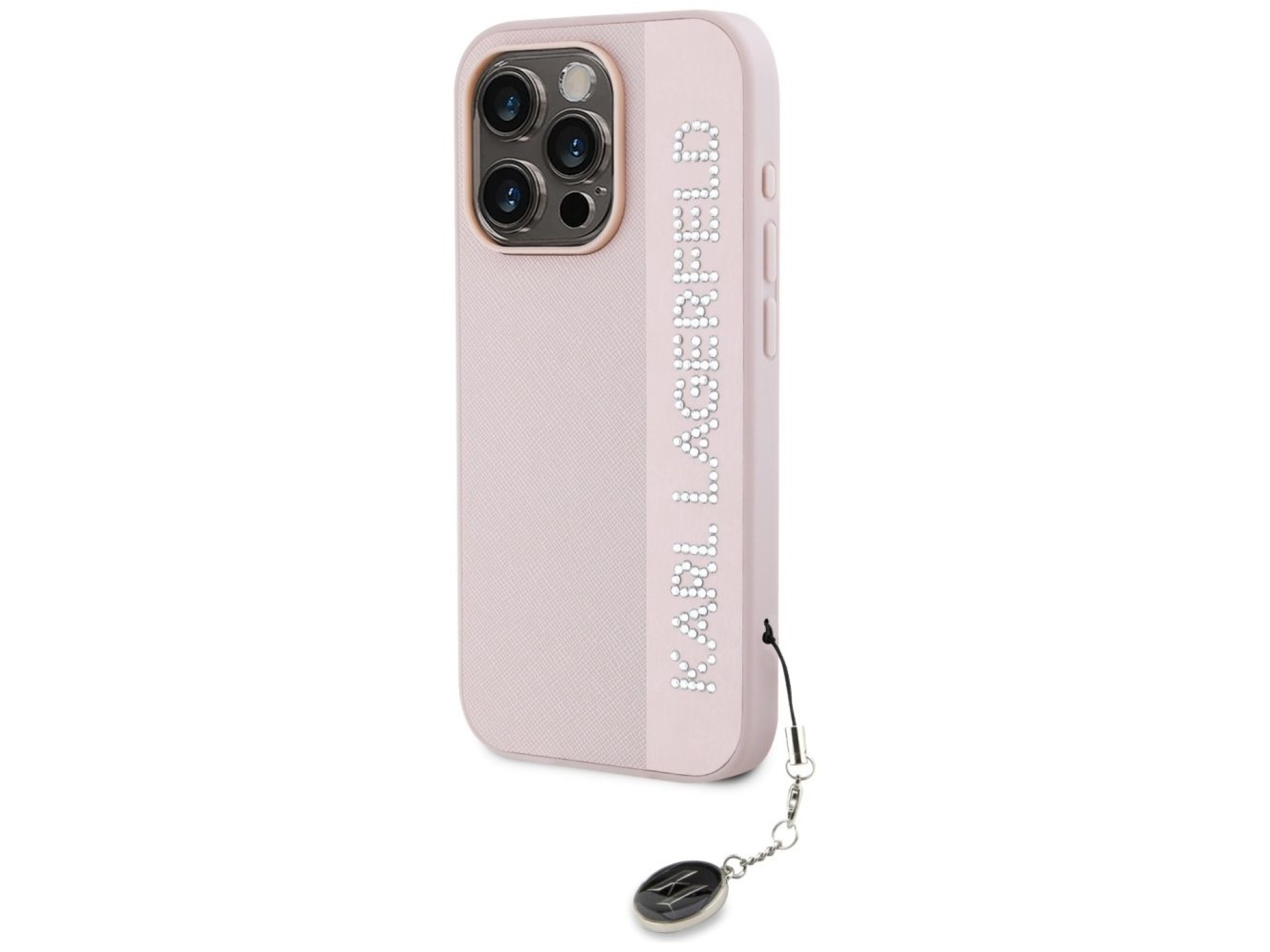 Capa Karl Lagerfeld Saffiano com strass e pingentes para iPhone 15 Pro Max - rosa