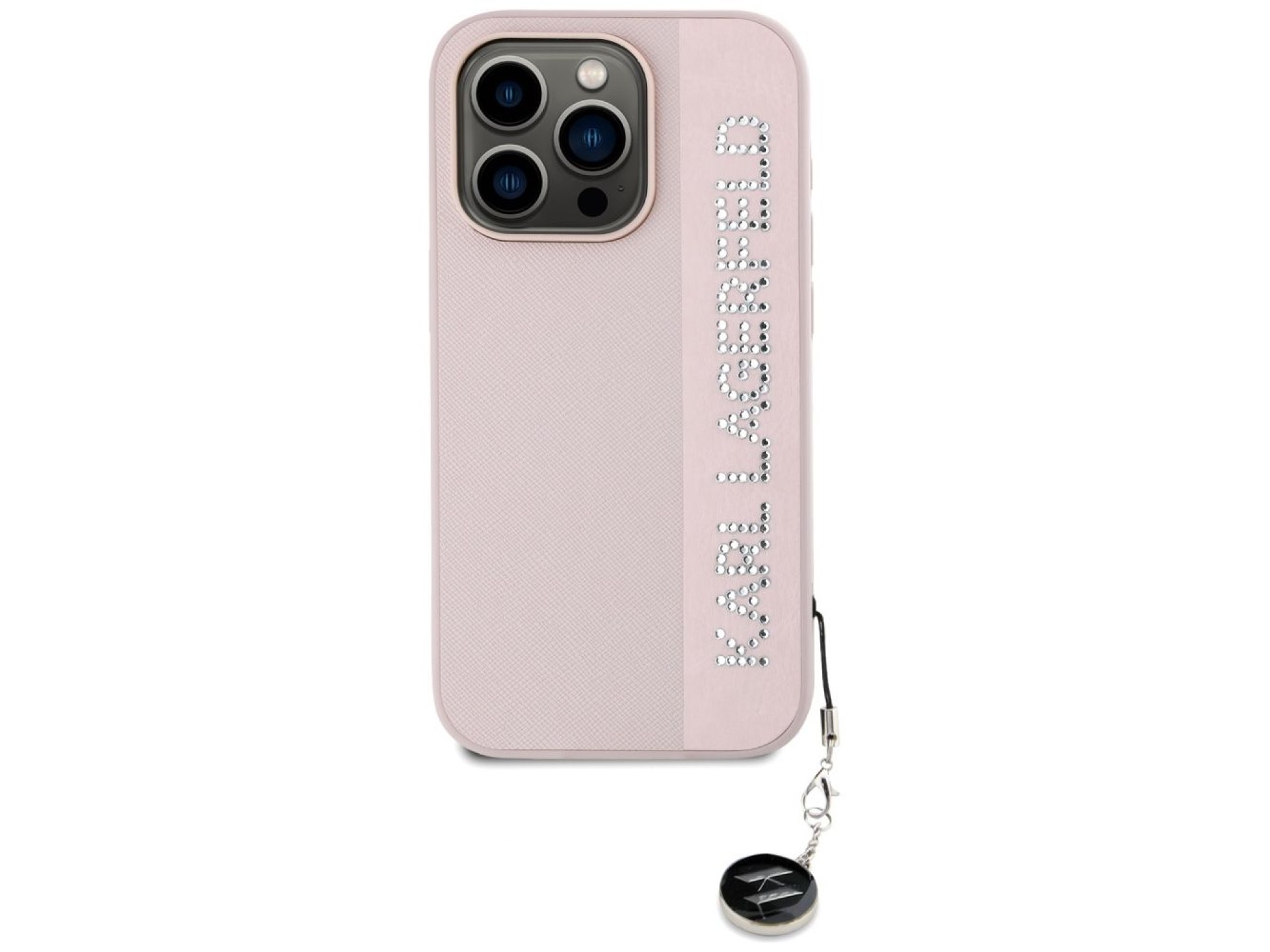 Capa Karl Lagerfeld Saffiano com strass e pingentes para iPhone 15 Pro Max - rosa