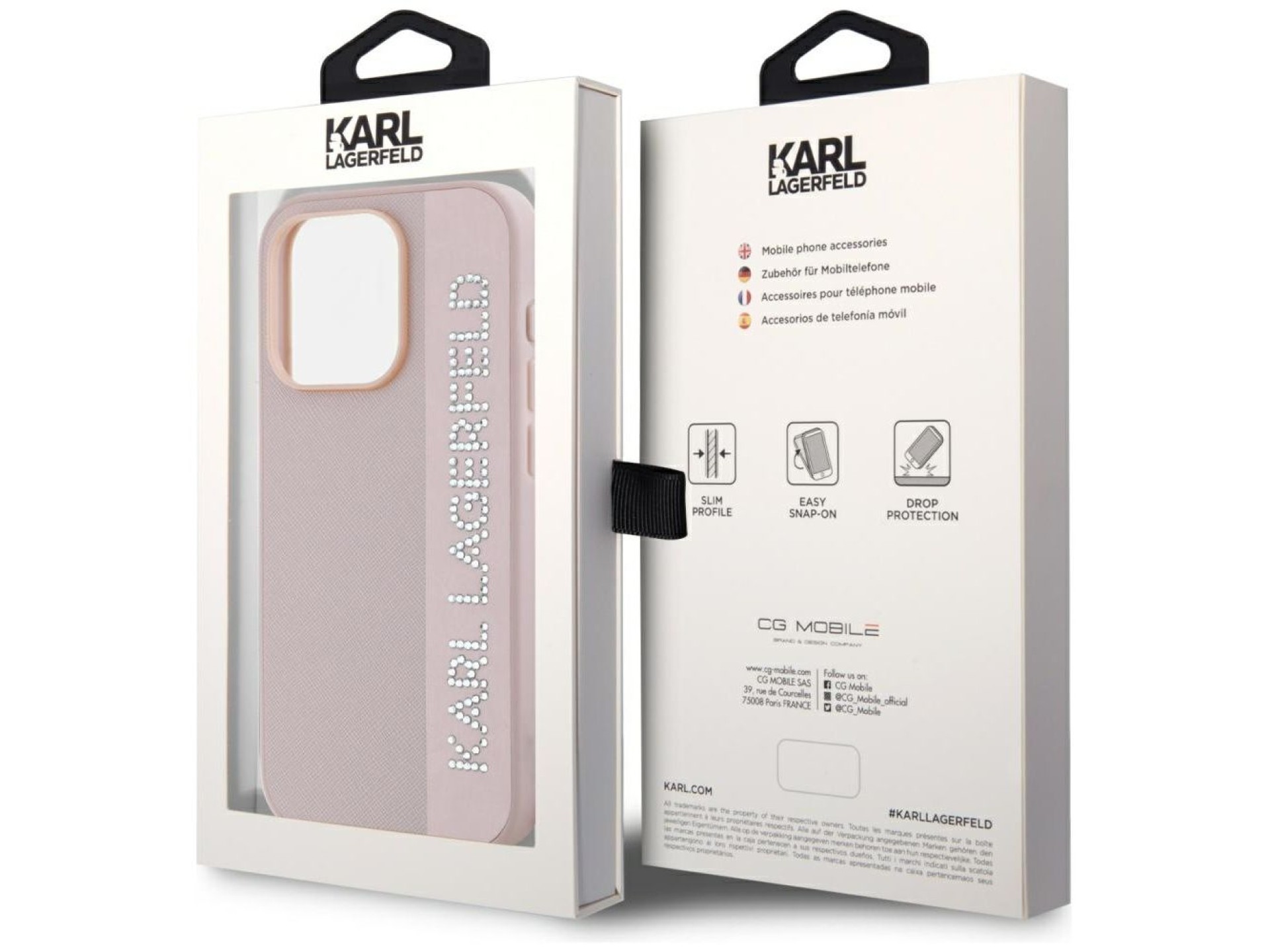 Capa Karl Lagerfeld Saffiano com strass e pingentes para iPhone 15 Pro Max - rosa