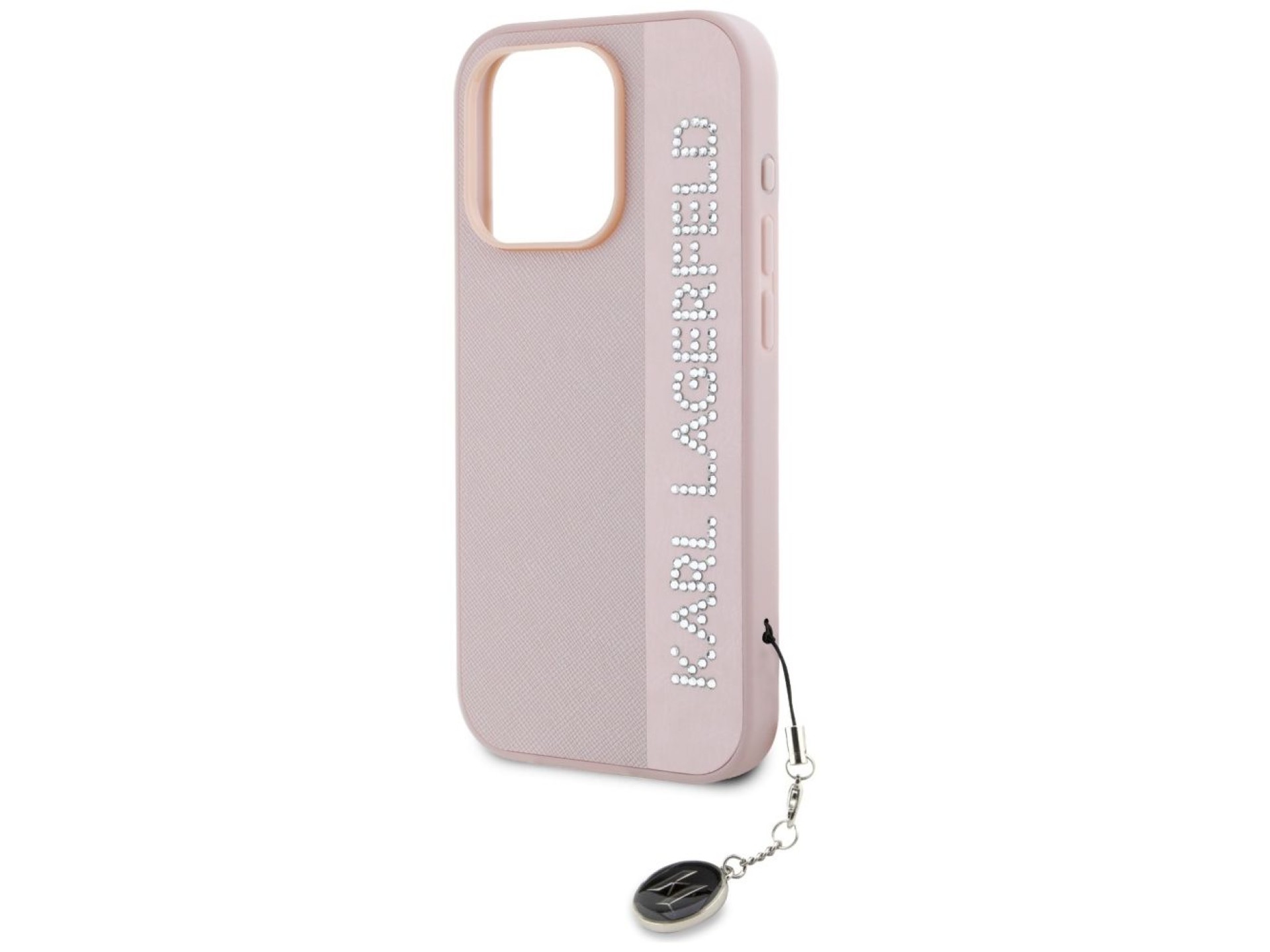 Capa Karl Lagerfeld Saffiano com strass e pingentes para iPhone 15 Pro Max - rosa