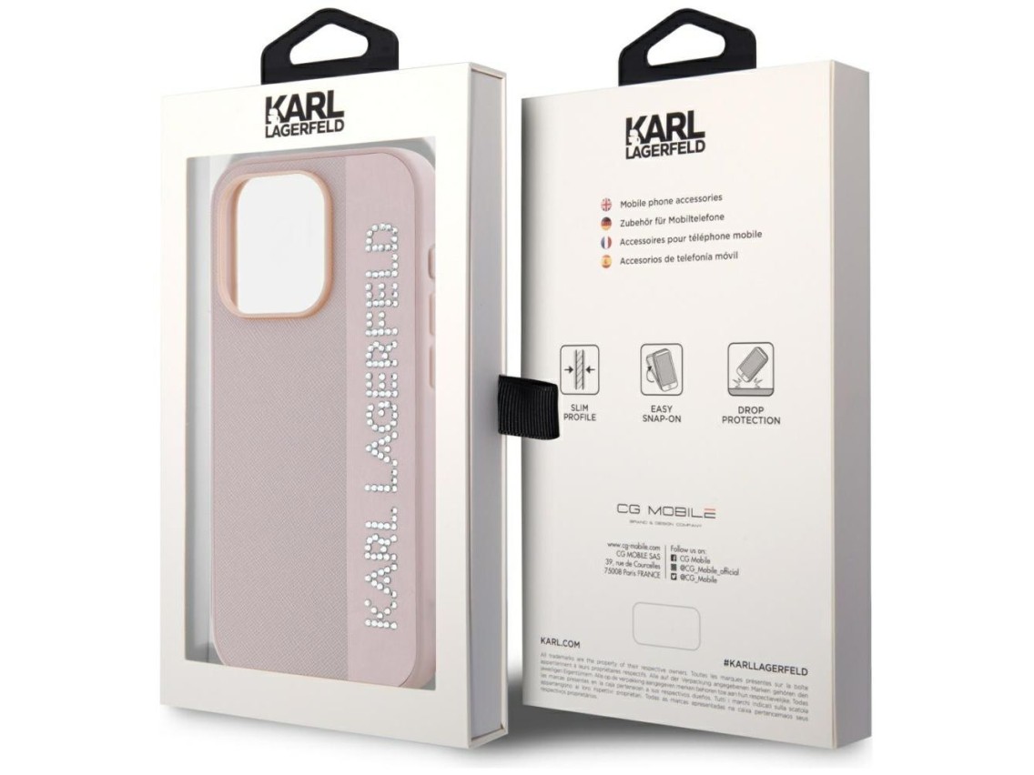 Capa Karl Lagerfeld Saffiano com strass e pingentes para iPhone 15 Pro Max - rosa