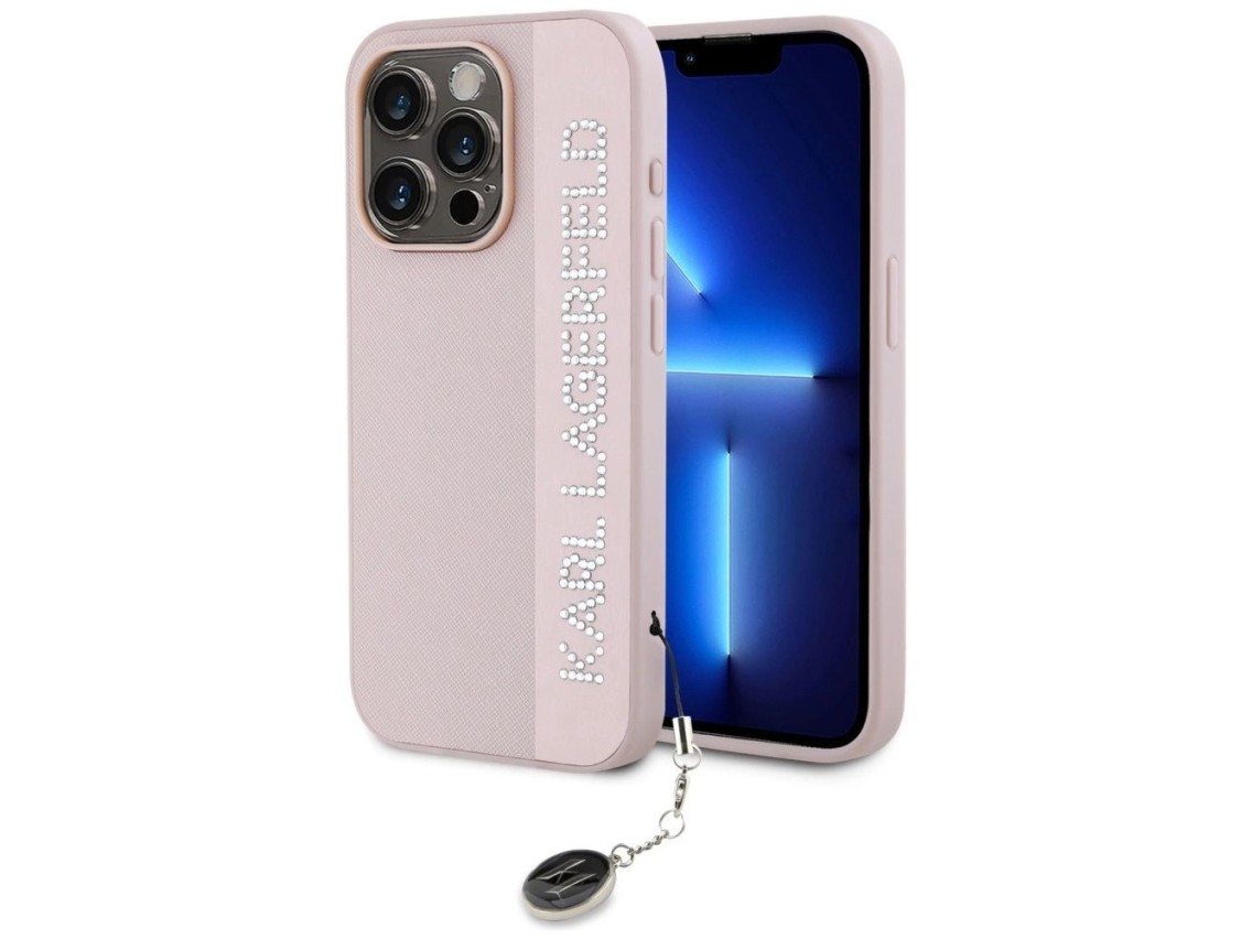 Capa Karl Lagerfeld Saffiano com strass e pingentes para iPhone 15 Pro Max - rosa