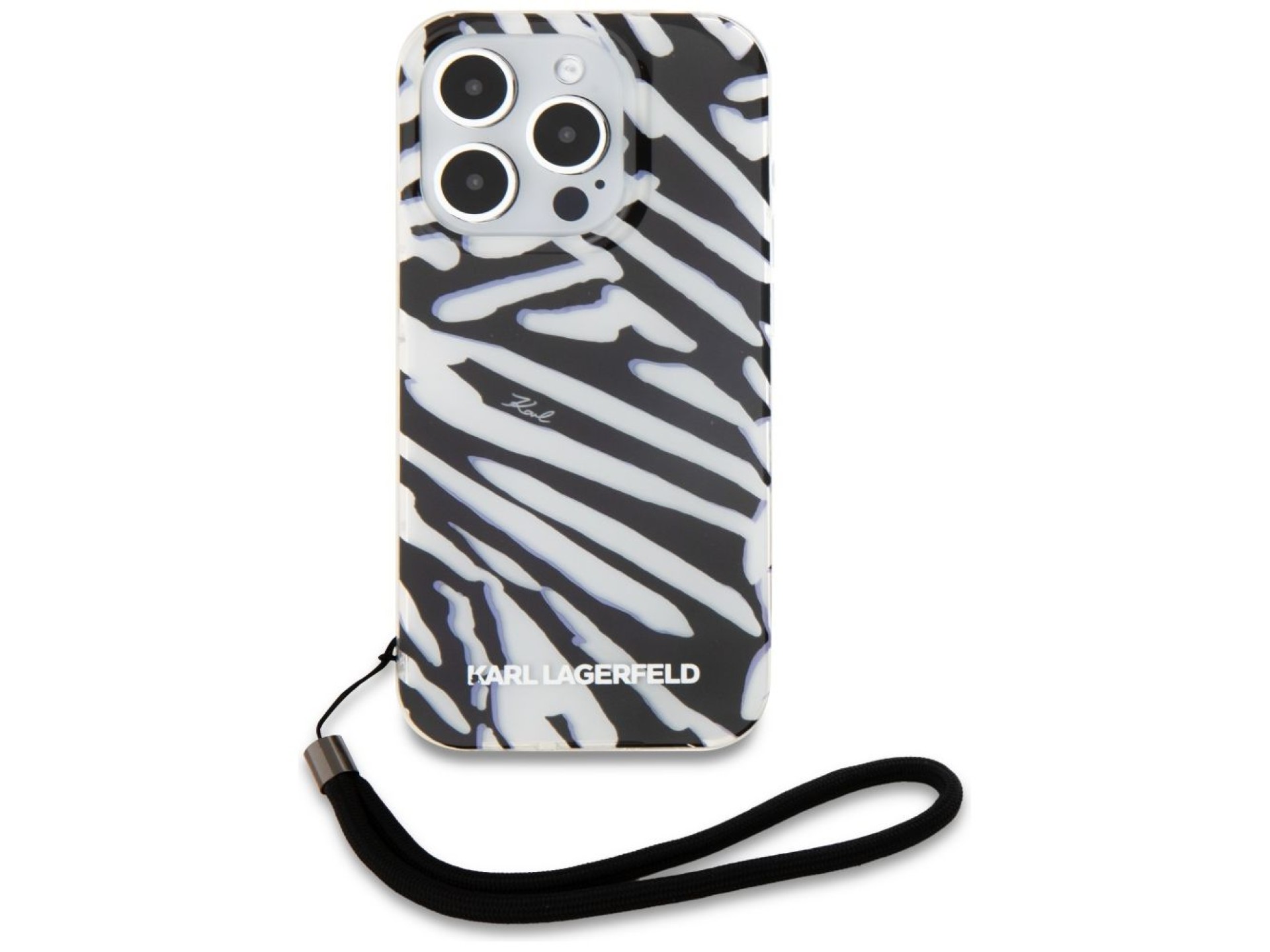 Capa Karl Lagerfeld IML com estampa de zebra e cordão para iPhone 15 Pro Max - preta