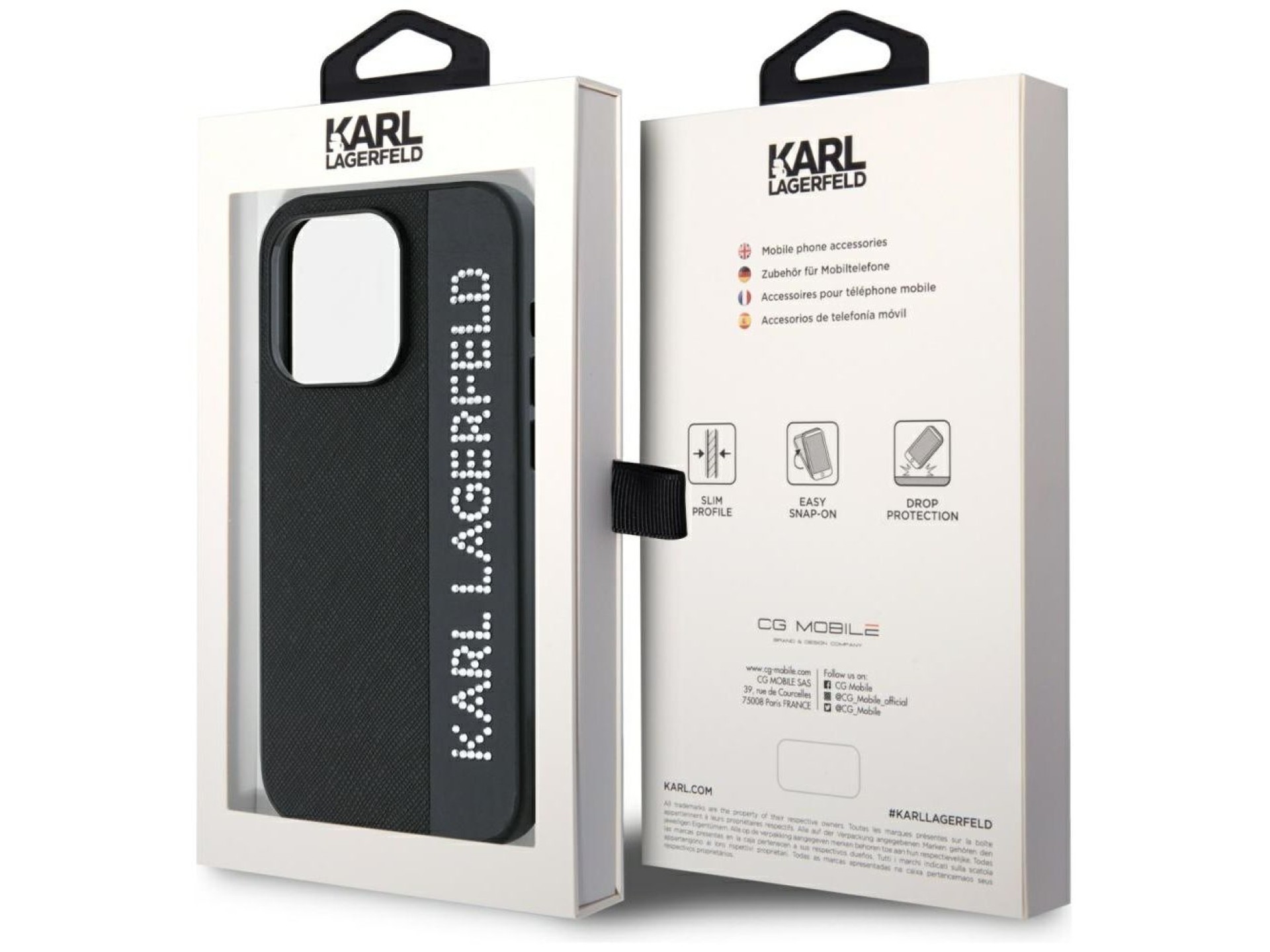 Funda Karl Lagerfeld Saffiano Rhinestones & Charm para iPhone 15 Pro Max - negra