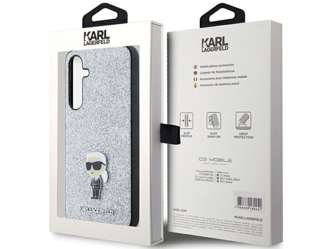 Capa Karl Lagerfeld Fixed Glitter Ikonik Logo Metal Pin para Samsung Galaxy A35 - prata