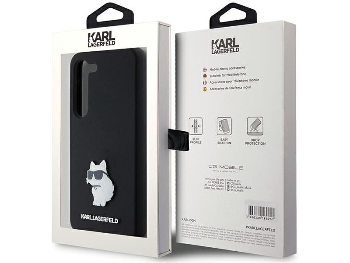 Capa de silicone Karl Lagerfeld Choupette com alfinete metálico para Samsung Galaxy S24 - preta