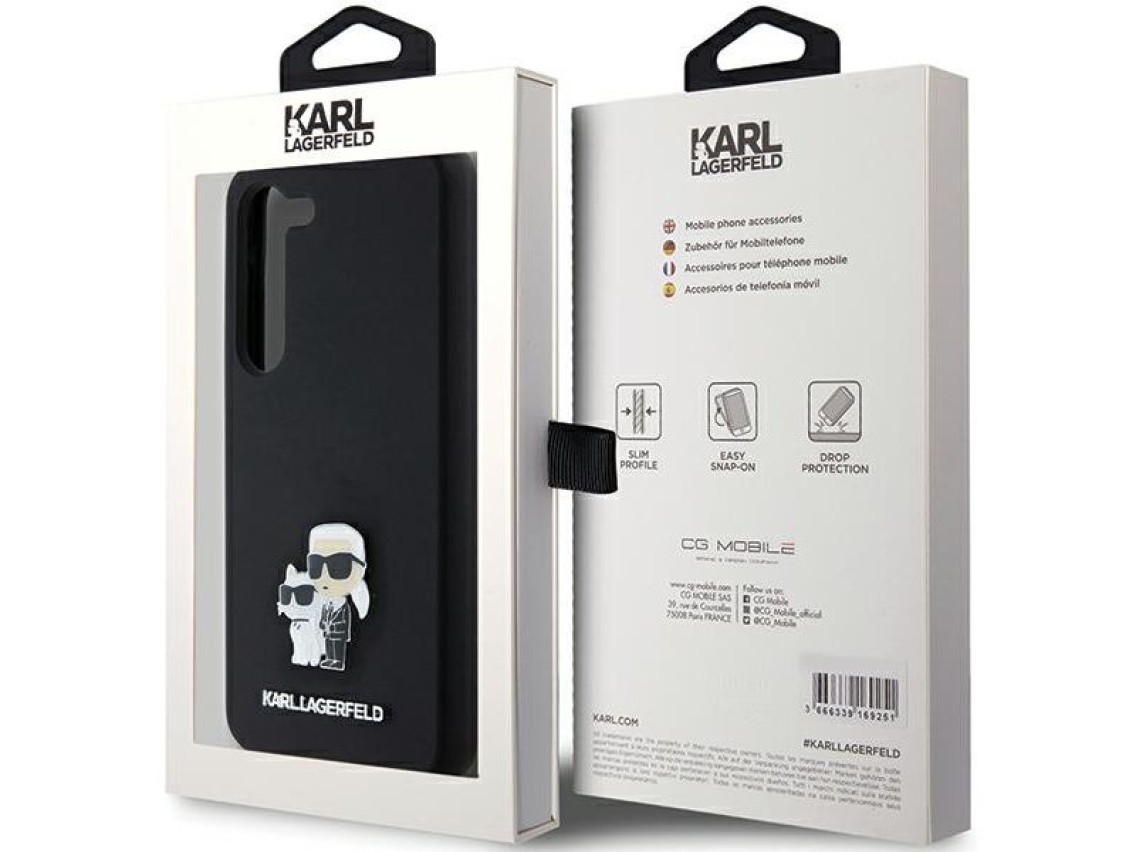 Capa de silicone Karl Lagerfeld Karl&Choupette com pino de metal para Samsung Galaxy S24 - preta