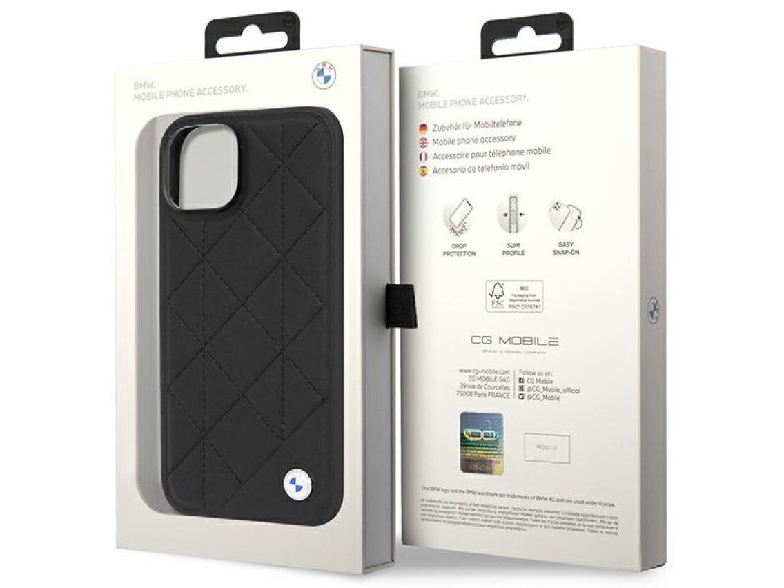 Capa BMW BMHCP14S22RQDK para iPhone 14 6.1" em couro acolchoado preto/preto