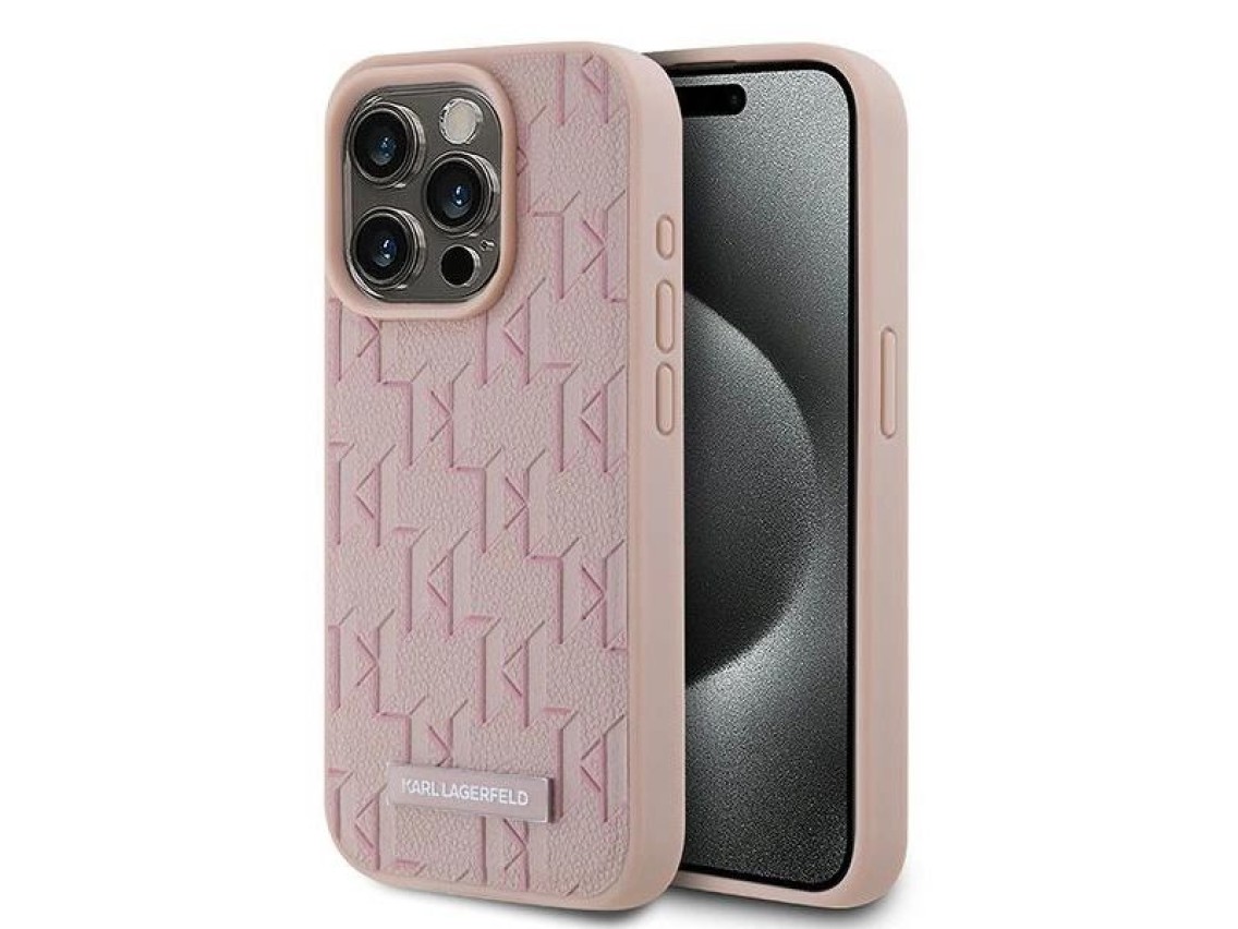 Karl Lagerfeld Leather Monogram Metal Logo case for iPhone 15 Pro - pink