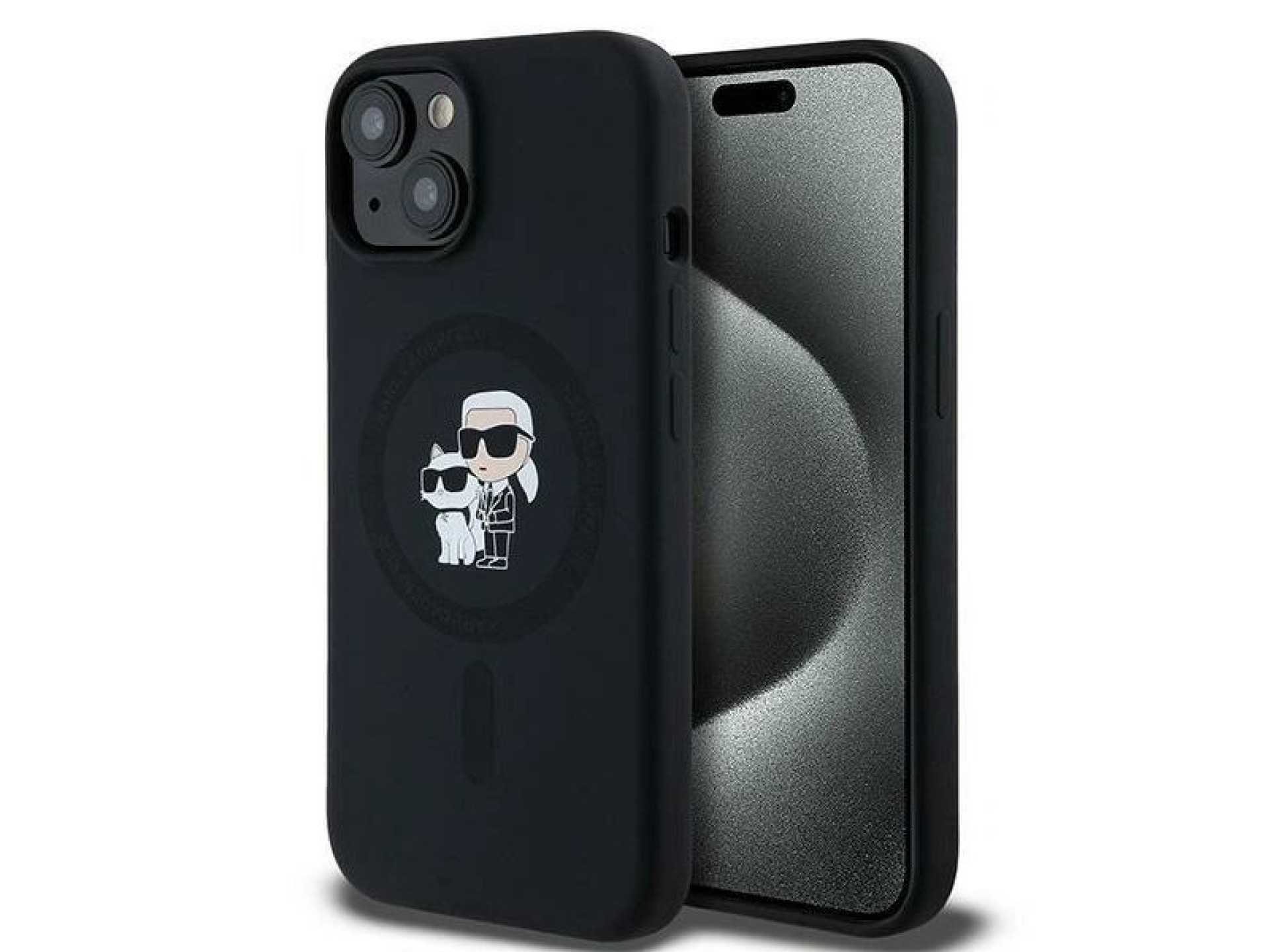 Funda de silicona Karl&Choupette MagSafe de Karl Lagerfeld para iPhone 15 Plus / 14 Plus - negra