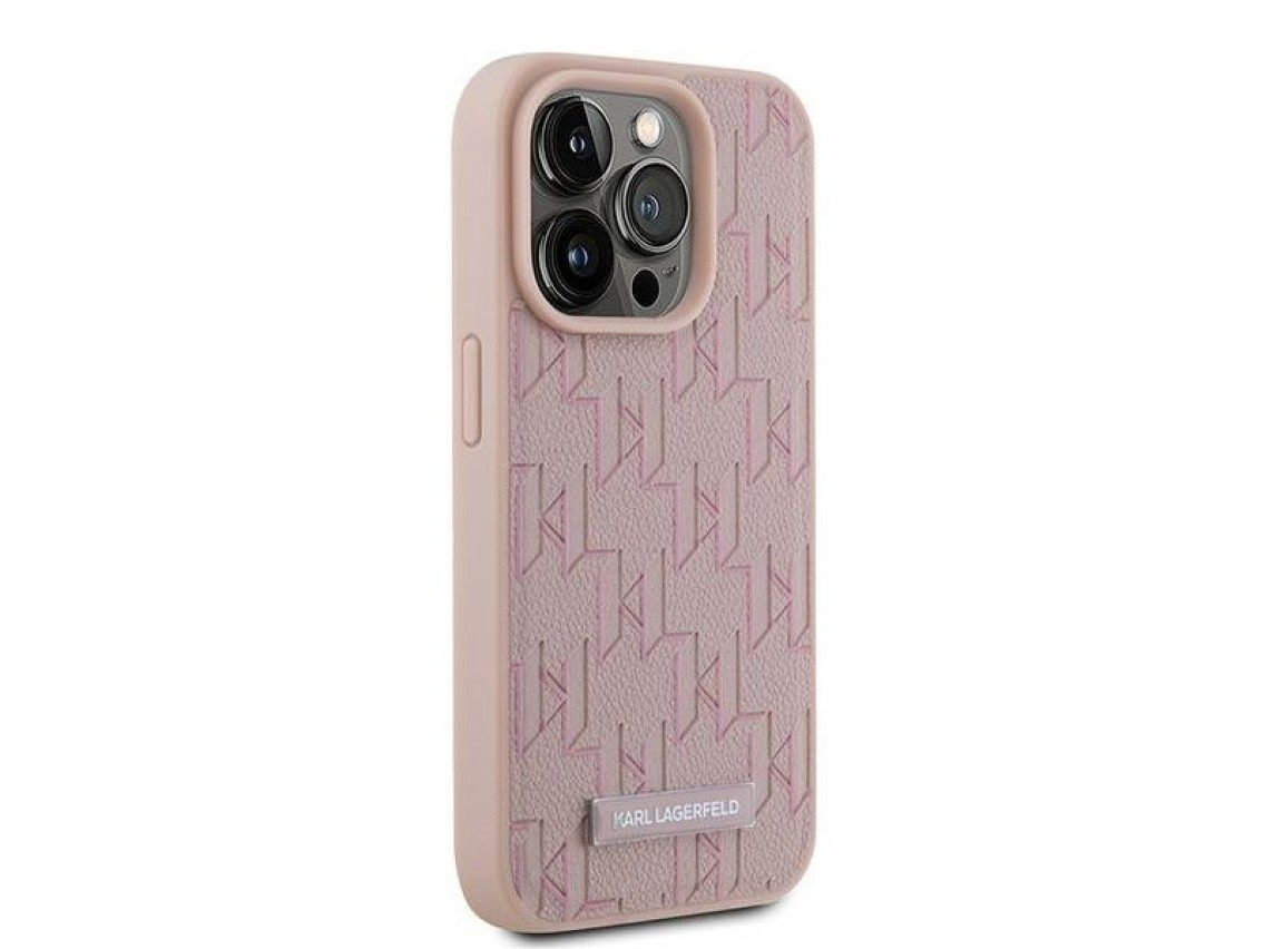 Capa Karl Lagerfeld em couro com monograma e logotipo metálico para iPhone 15 Pro Max - rosa