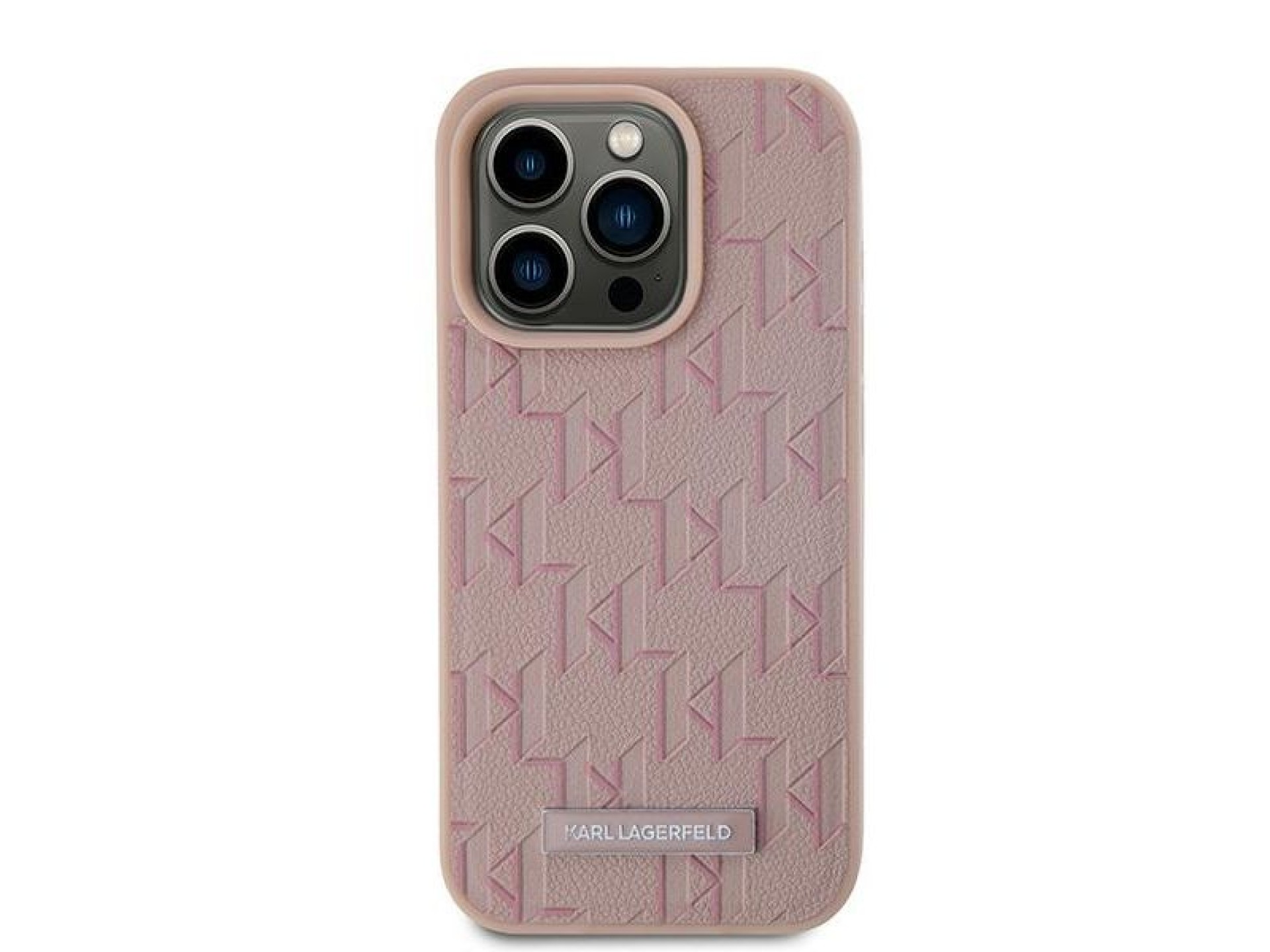 Capa Karl Lagerfeld em couro com monograma e logotipo metálico para iPhone 15 Pro Max - rosa