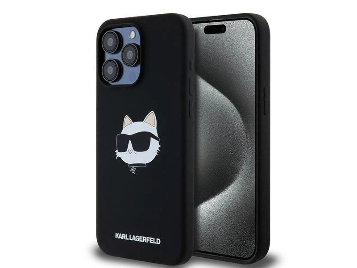 Capa MagSafe de silicone com a cabeça Choupette de Karl Lagerfeld para iPhone 15 Pro Max - preta