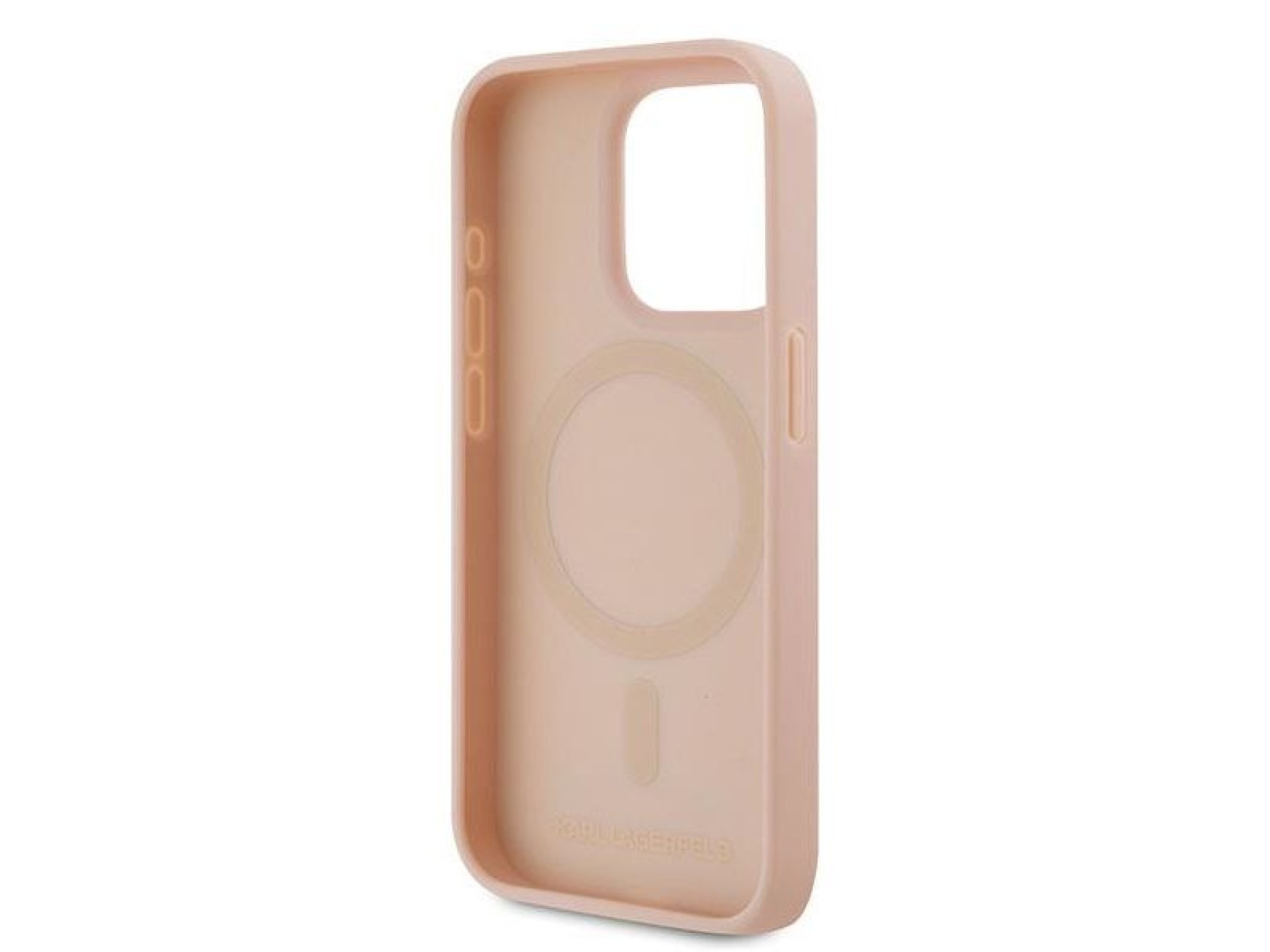 Capa Karl Lagerfeld em couro com monograma e logotipo metálico para iPhone 15 Pro Max - rosa