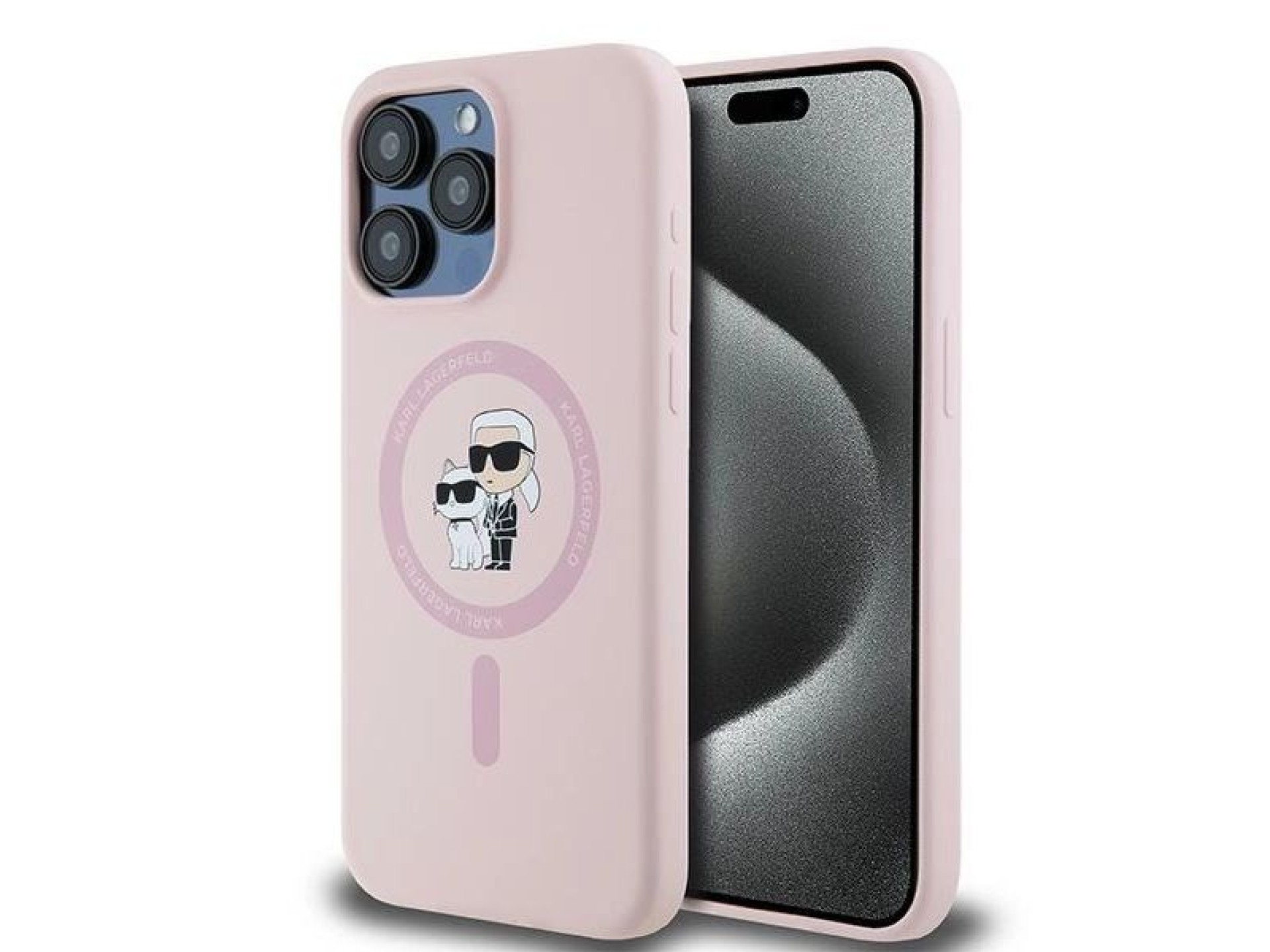 Capa MagSafe Karl Lagerfeld Silicone Karl&Choupette Ring para iPhone 15 Pro Max - Rosa
