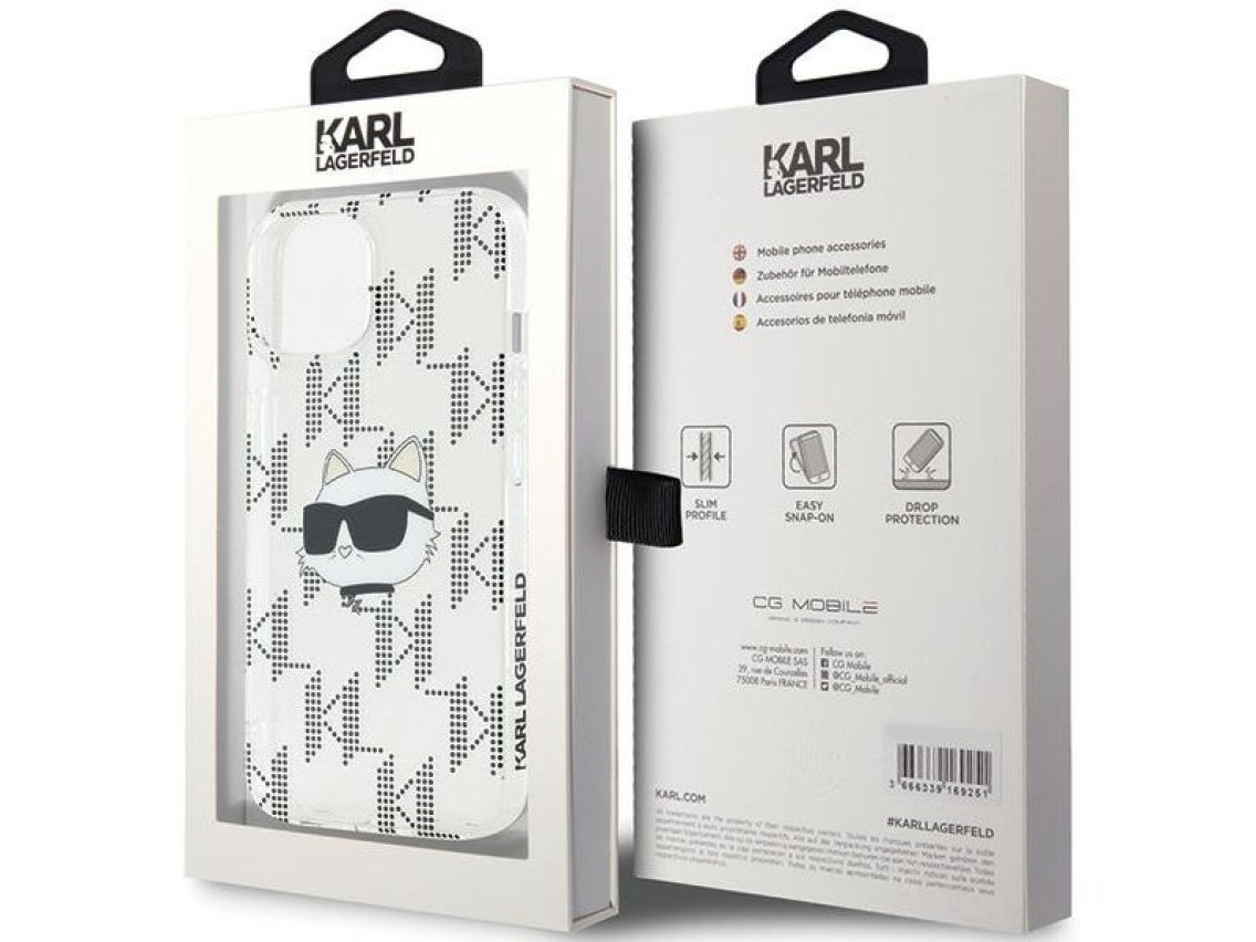 Capa transparente Karl Lagerfeld IML Choupette Head & Monogram para iPhone 15/14/13