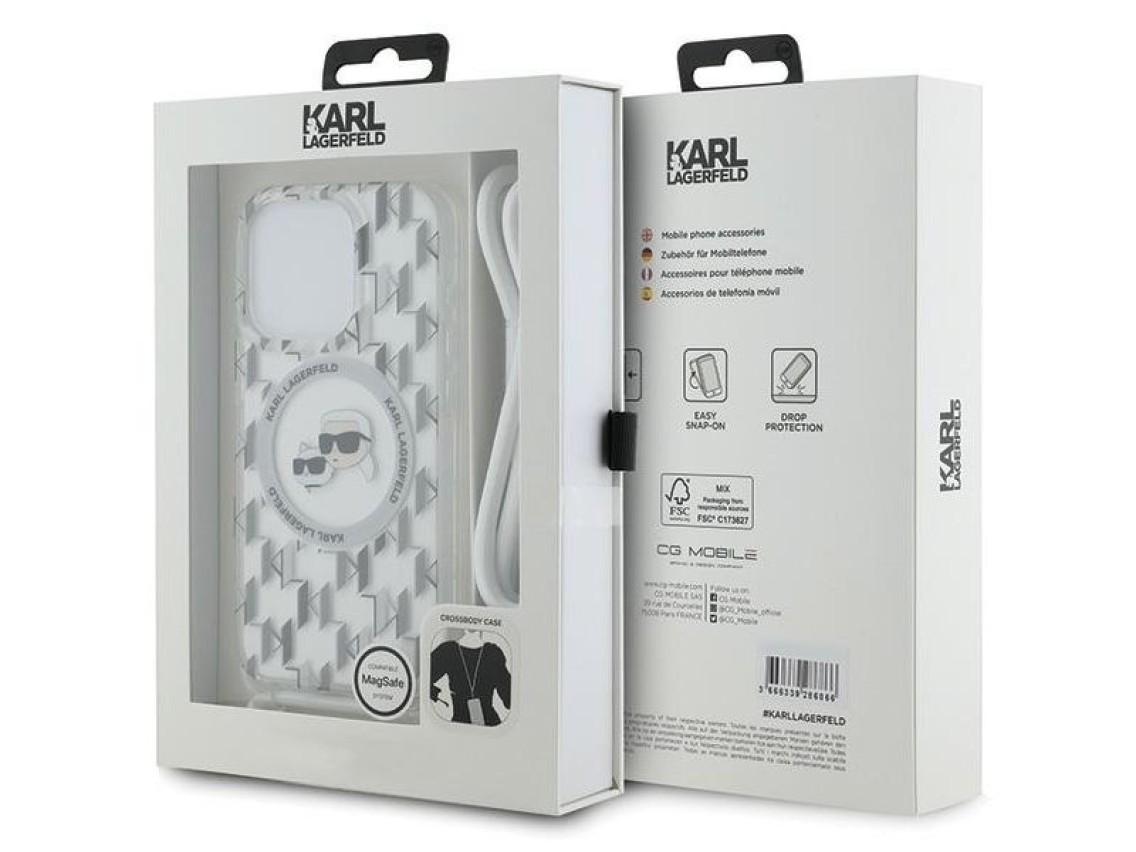 Funda bandolera Karl Lagerfeld IML Monogram Karl & Choupette Head MagSafe para iPhone 15 Pro - Trans