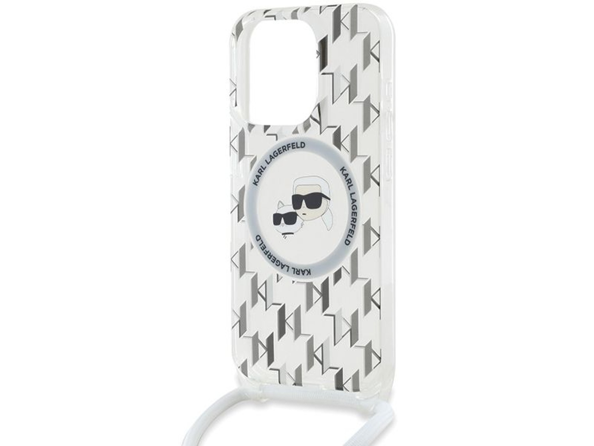 Funda bandolera Karl Lagerfeld IML Monogram Karl & Choupette Head MagSafe para iPhone 15 Pro - Trans