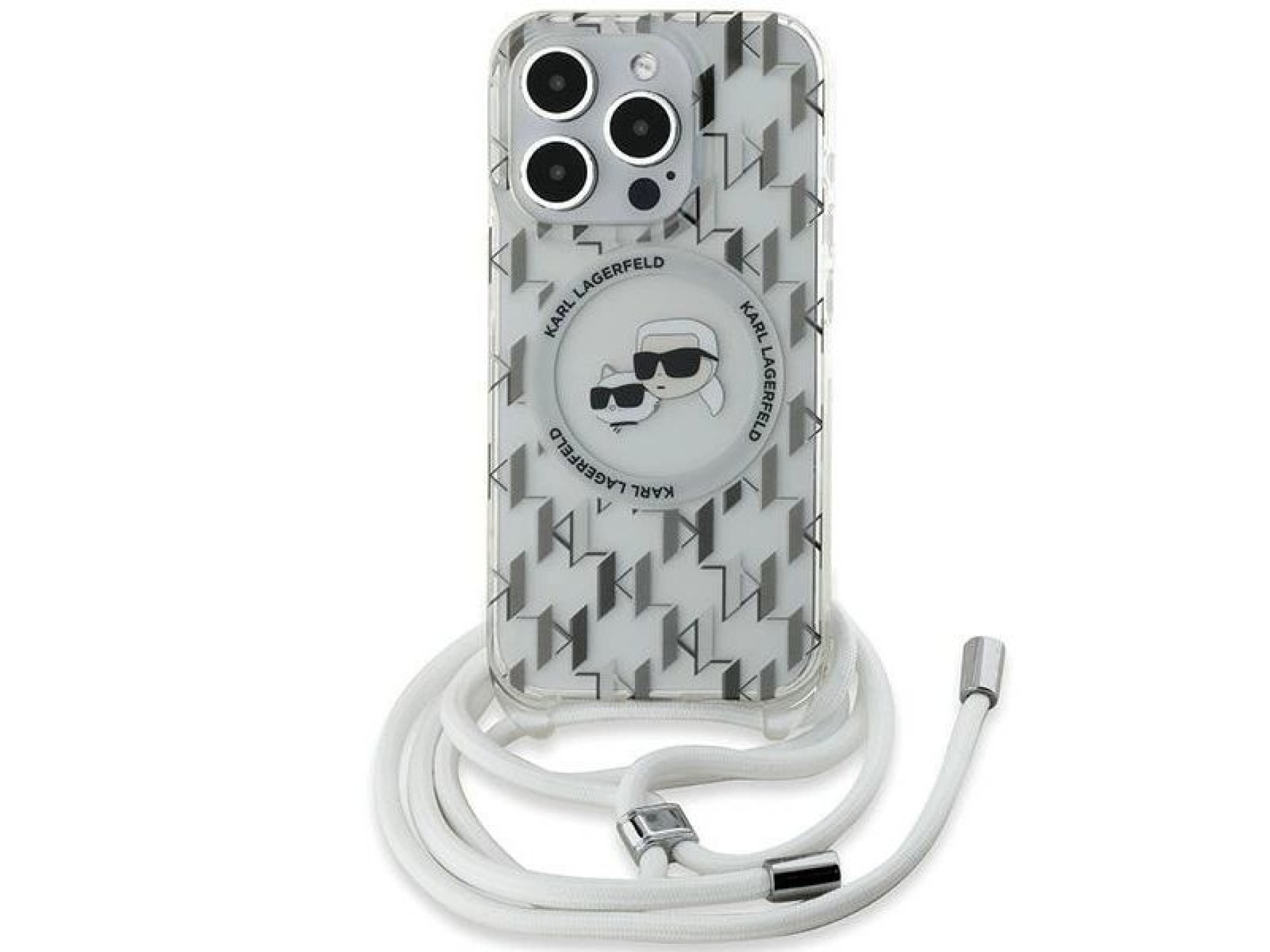 Funda bandolera Karl Lagerfeld IML Monogram Karl & Choupette Head MagSafe para iPhone 15 Pro - Trans