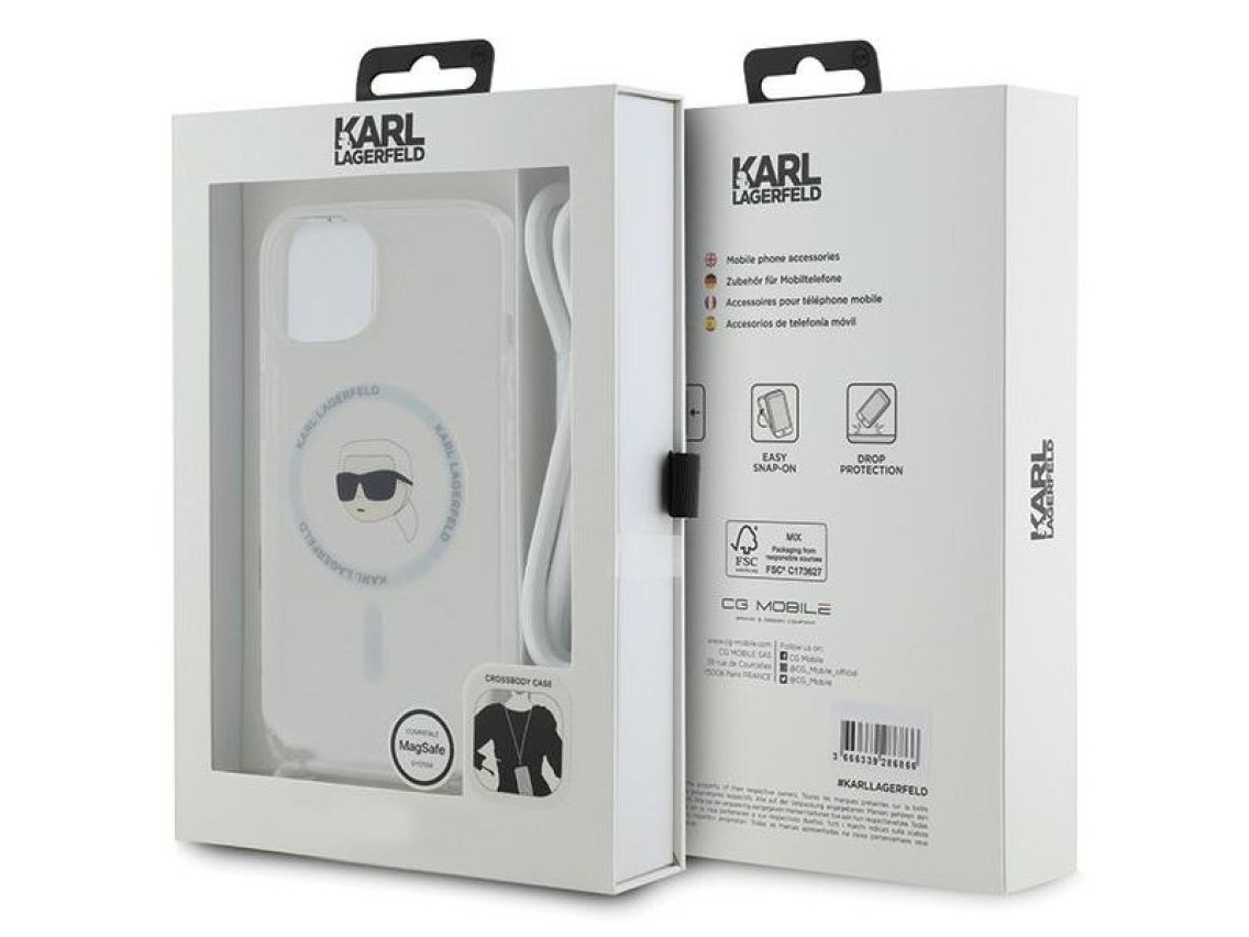 Funda bandolera Karl Lagerfeld IML Karl Head MagSafe para iPhone 15 / 14 / 13 - transparente