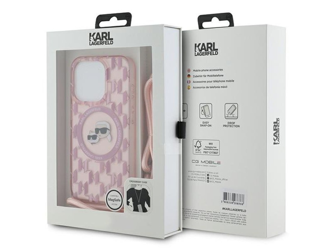 Funda bandolera Karl Lagerfeld IML Monogram Karl & Choupette Head MagSafe para iPhone 15 Pro - rosa