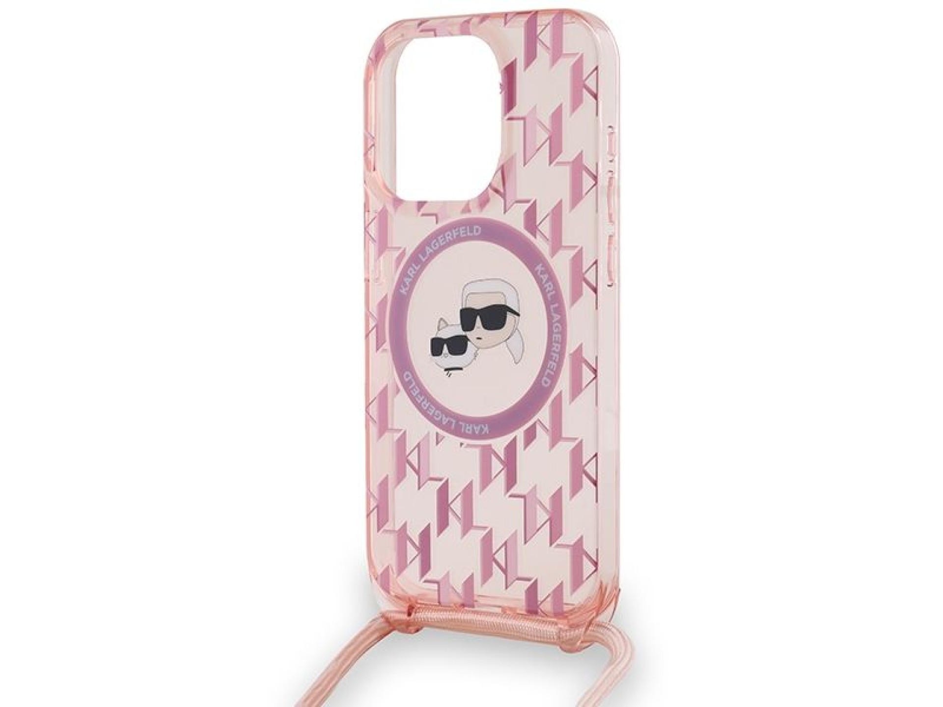 Funda bandolera Karl Lagerfeld IML Monogram Karl & Choupette Head MagSafe para iPhone 15 Pro - rosa