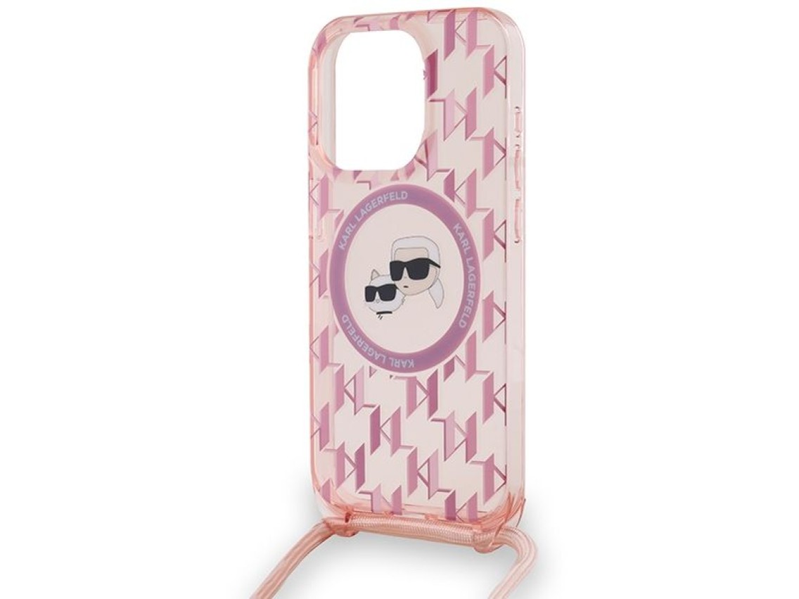 Funda bandolera Karl Lagerfeld IML Monogram Karl & Choupette Head MagSafe para iPhone 15 Pro - rosa