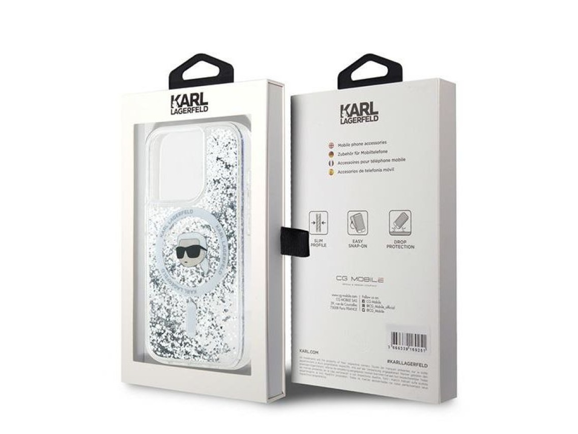 Capa MagSafe Karl Lagerfeld Liquid Glitter Karl Head para iPhone 15 Pro Max - transparente