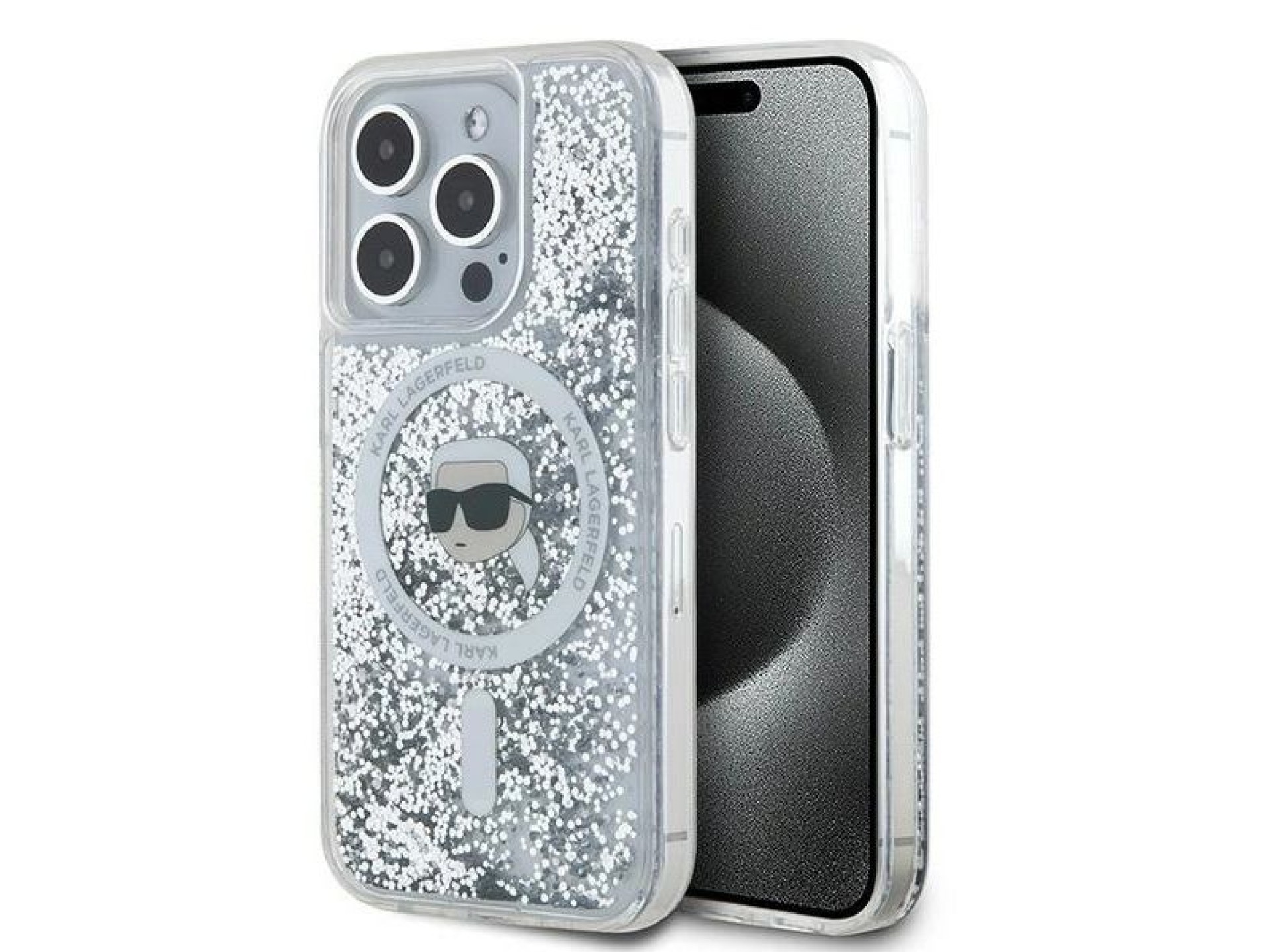 Capa MagSafe Karl Lagerfeld Liquid Glitter Karl Head para iPhone 15 Pro Max - transparente