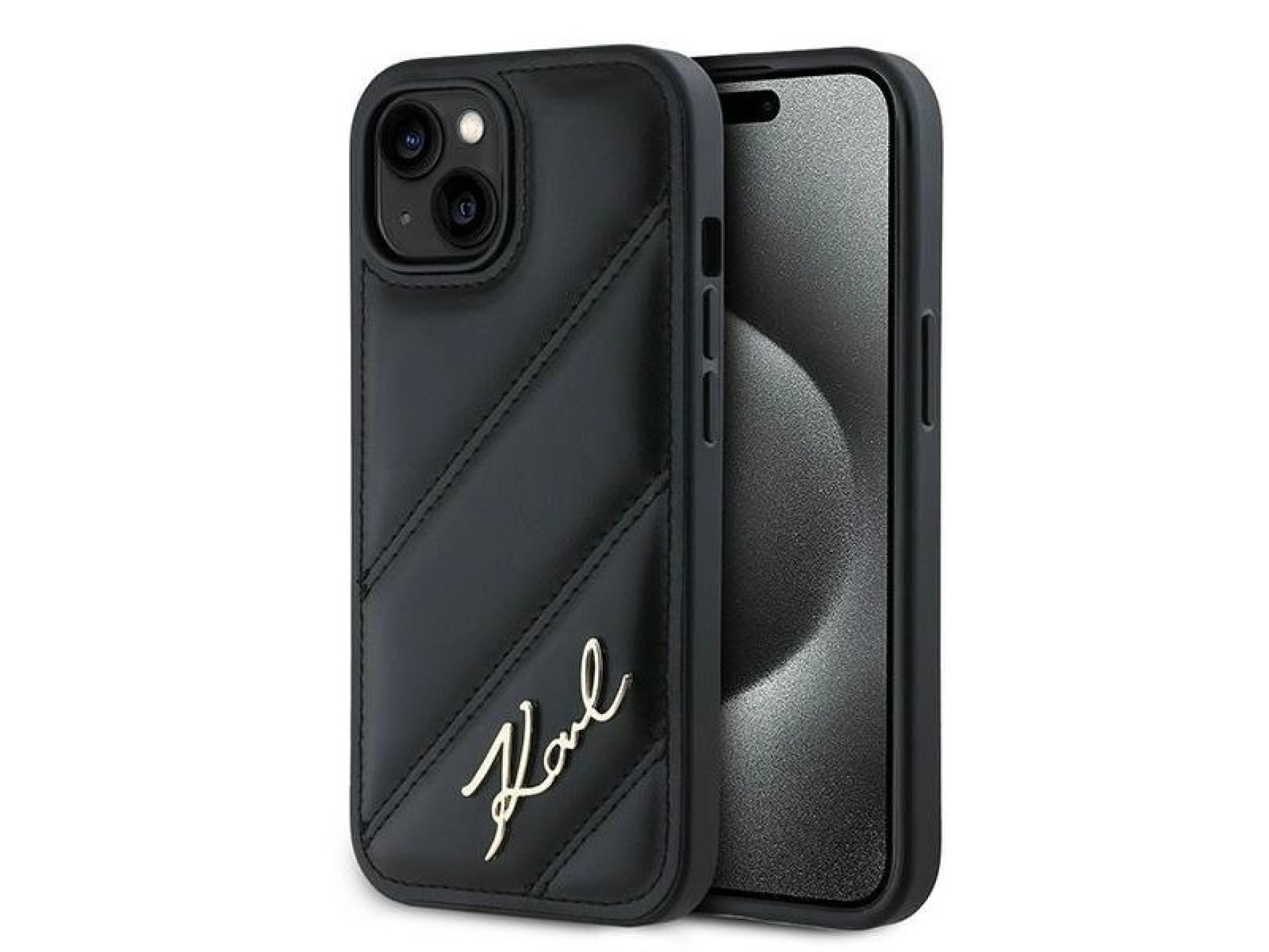 Capa Karl Lagerfeld Diagonal Matelassada com Script para iPhone 15/14/13 - preta