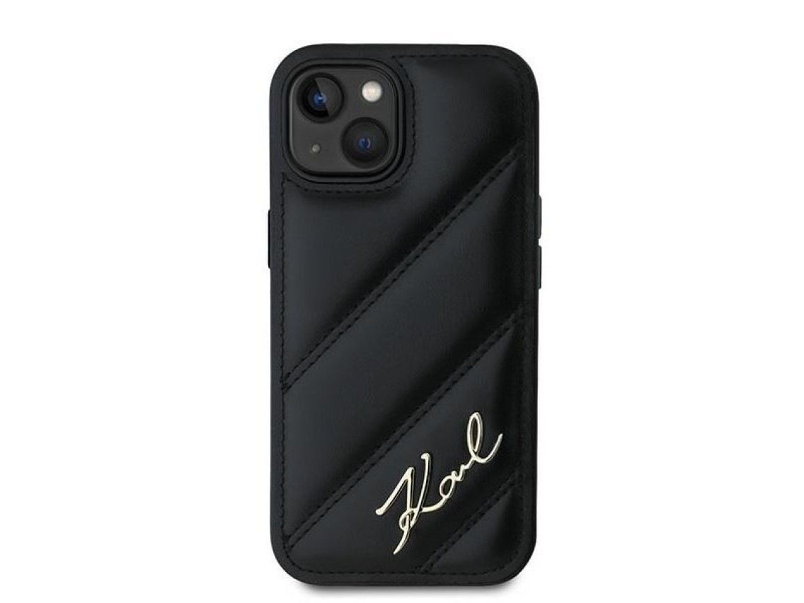 Capa Karl Lagerfeld Diagonal Matelassada com Script para iPhone 15/14/13 - preta