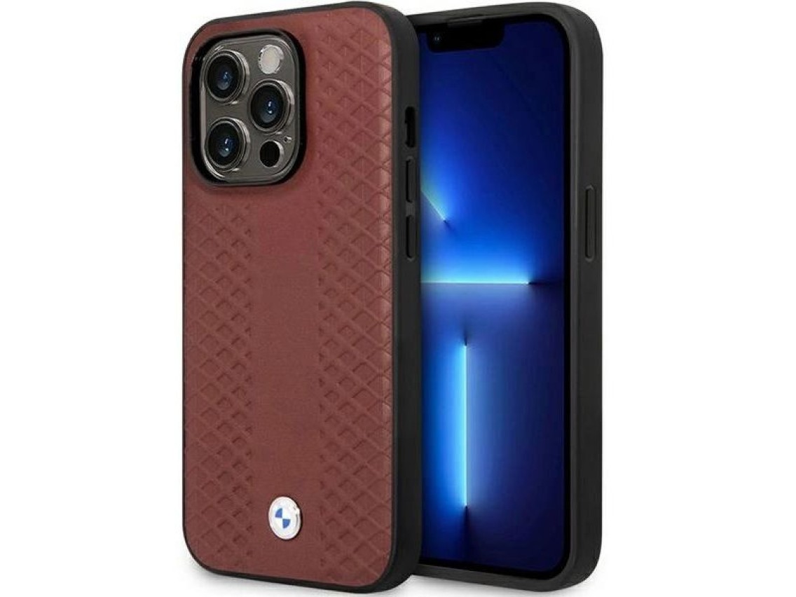Funda BMW BMHCP14X22RFGR para iPhone 14 Pro Max de 6,7" en piel color burdeos con estampado de rombo