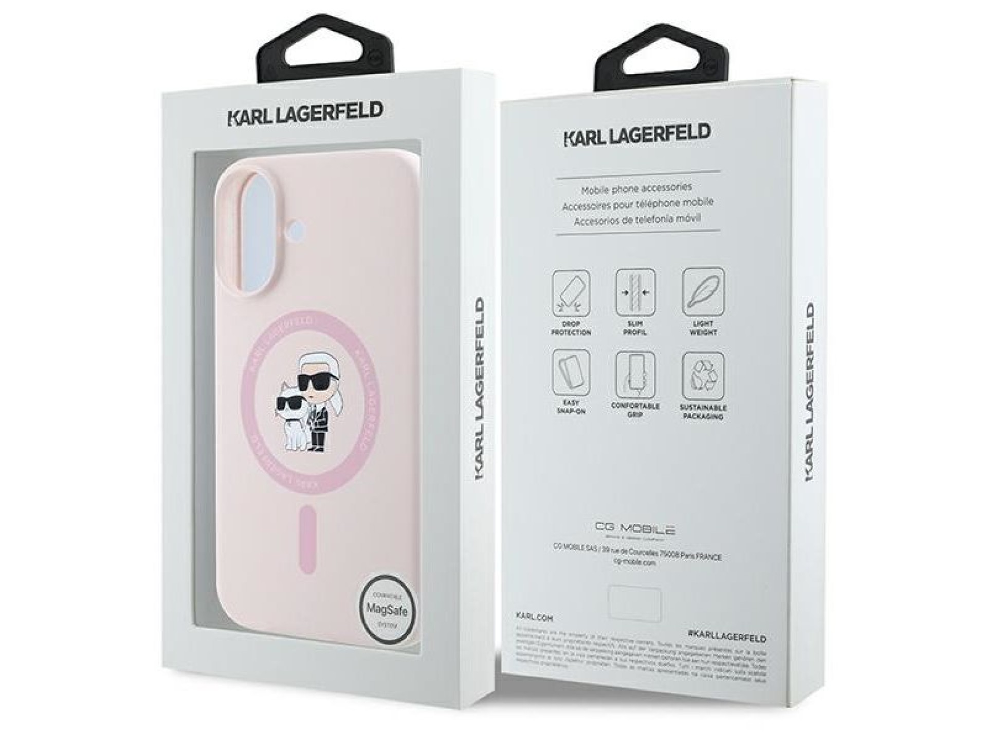 Funda de silicona Karl Lagerfeld con diseño de cabezas de Karl y Choupette y anillo MagSafe para iPh