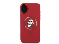 Capa MagSafe para iPhone 16 com anel e cabeças de Karl Lagerfeld em silicone - Vermelha Capa MagSafe para iPhone 16 com anel e cabeças de Karl Lagerfeld em silicone - Vermelha
