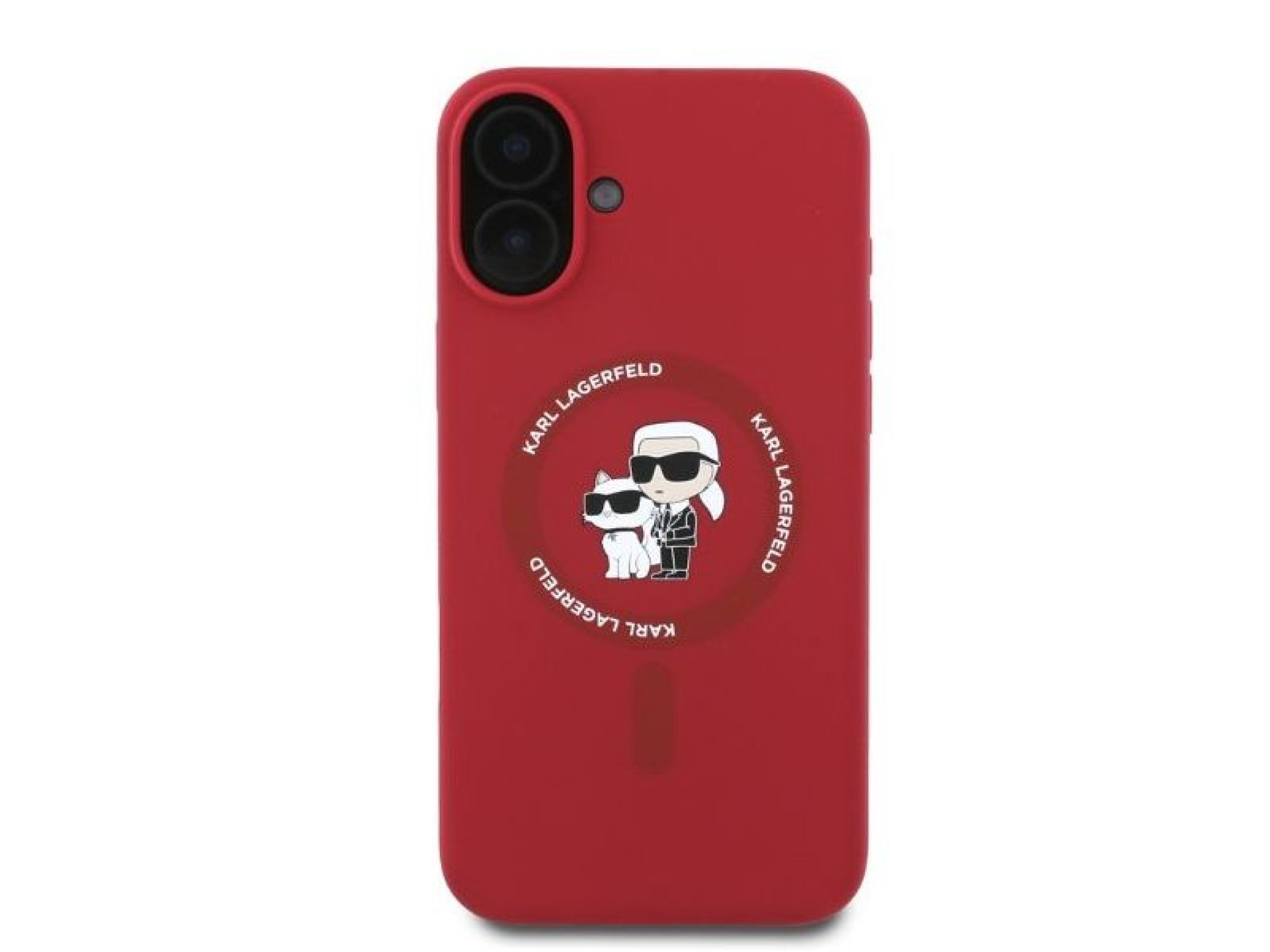 Capa MagSafe para iPhone 16 com anel e cabeças de Karl Lagerfeld em silicone - Vermelha