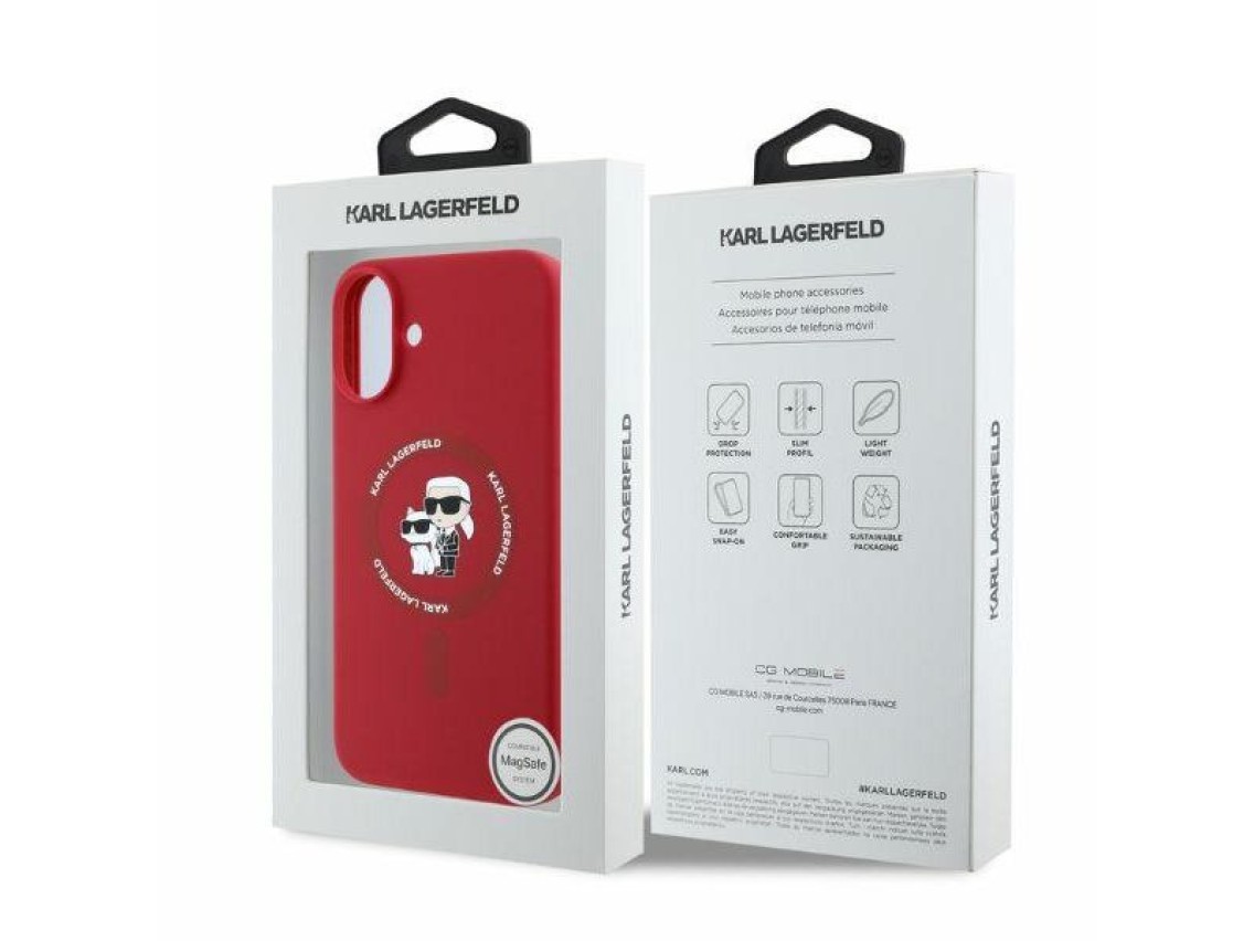 Capa MagSafe para iPhone 16 com anel e cabeças de Karl Lagerfeld em silicone - Vermelha