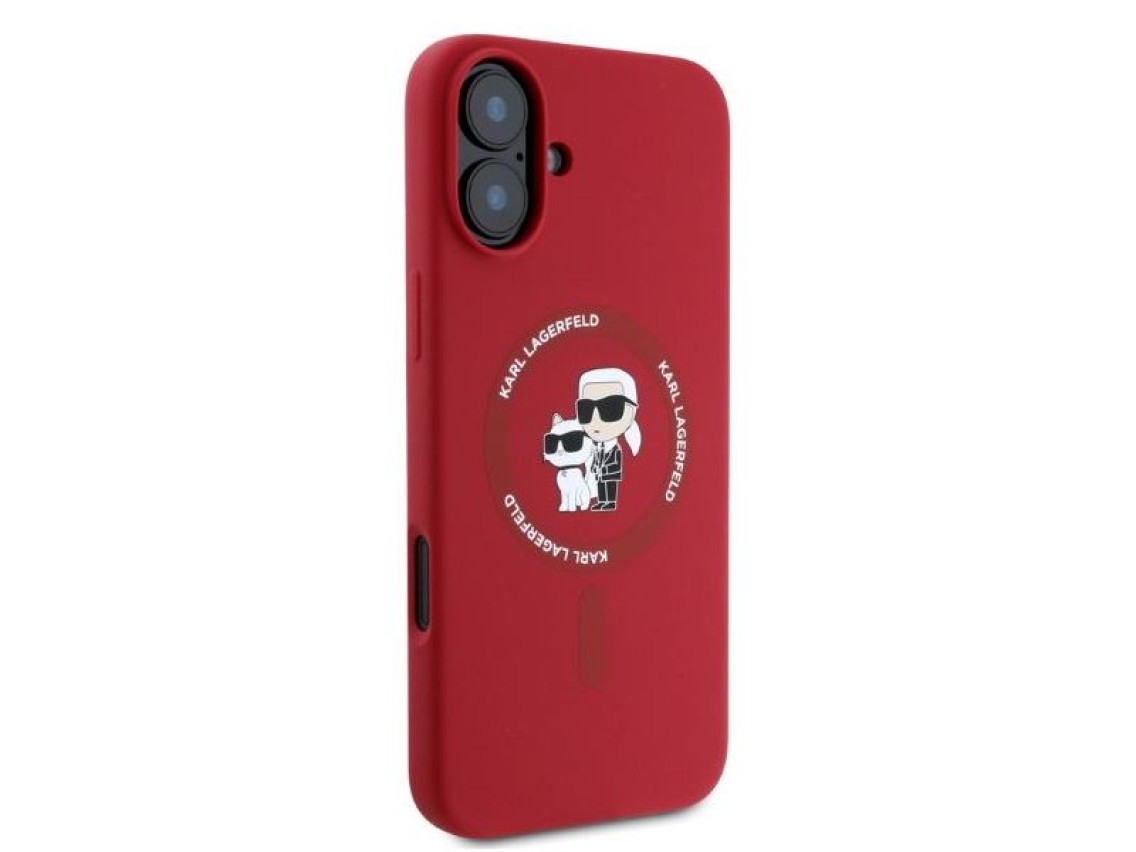 Capa MagSafe para iPhone 16 com anel e cabeças de Karl Lagerfeld em silicone - Vermelha