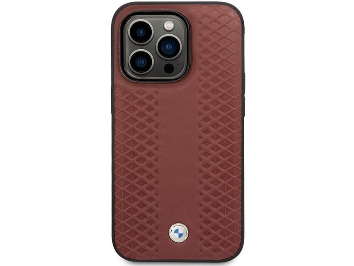 Funda BMW BMHCP14X22RFGR para iPhone 14 Pro Max de 6,7" en piel color burdeos con estampado de rombo