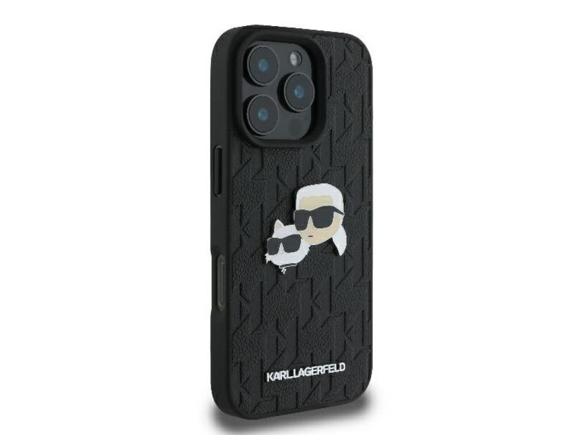 Capa para iPhone 16 Pro Max com broche de cabeça de Karl Lagerfeld e monograma Karl & Choupette - Pr