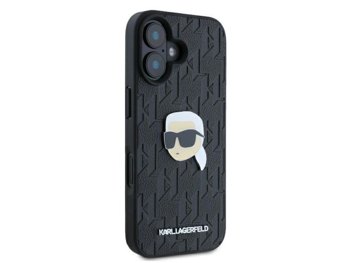 Capa para iPhone 16 com broche de cabeça de Karl Lagerfeld e monograma - Preta