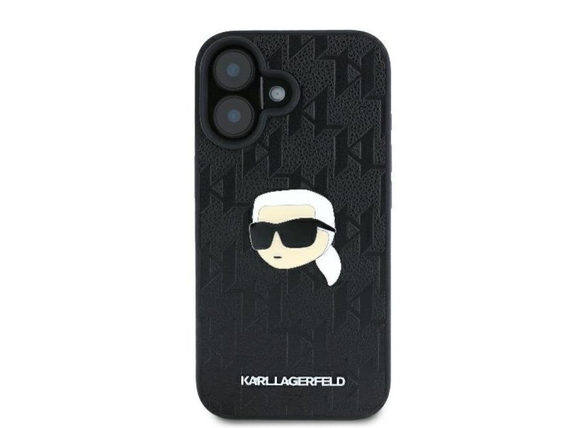 Capa para iPhone 16 com broche de cabeça de Karl Lagerfeld e monograma - Preta