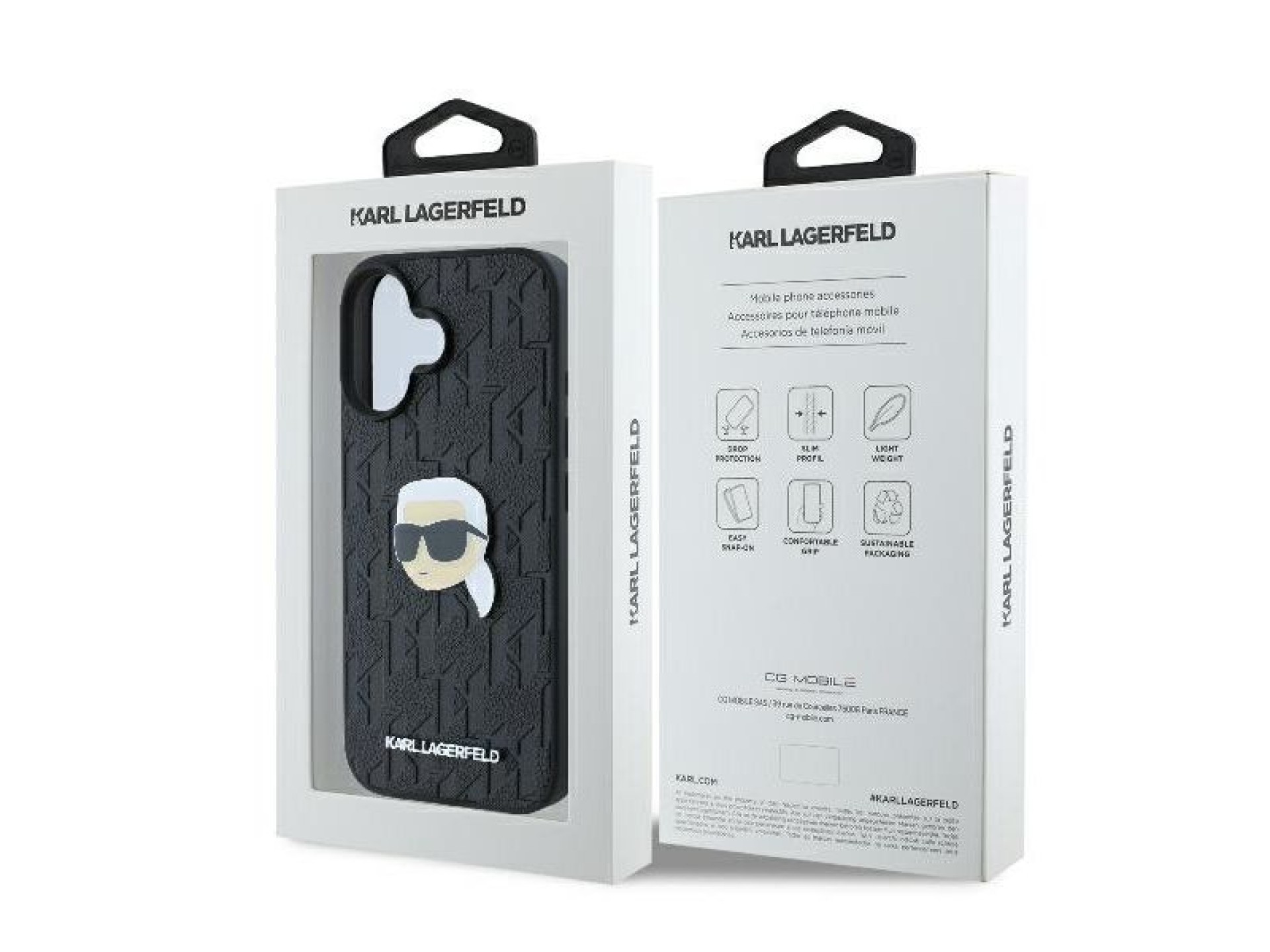 Capa para iPhone 16 com broche de cabeça de Karl Lagerfeld e monograma - Preta